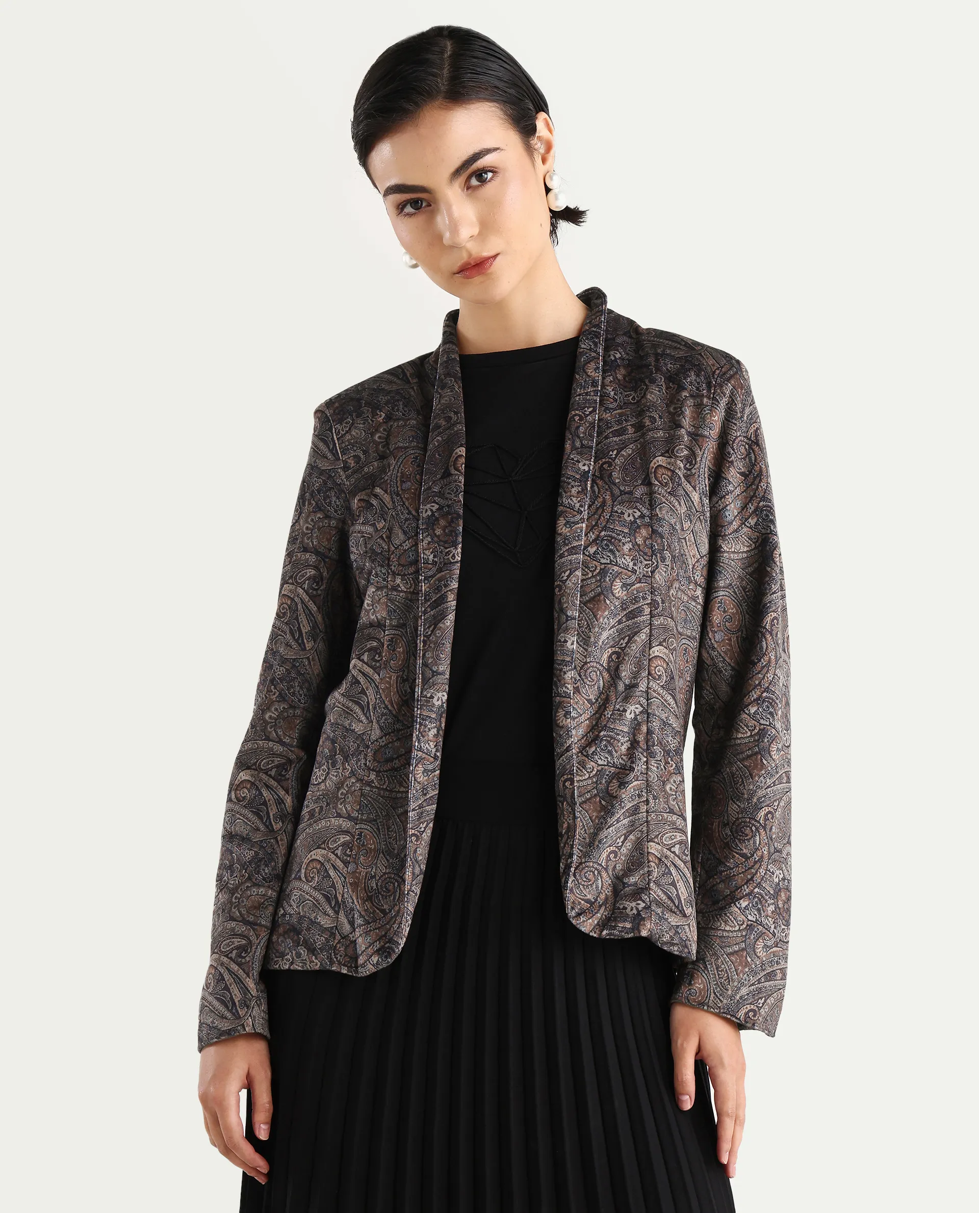 Rareism Women's Resko Multi Velvet Collarless Paisley Print Regular Fit Jacket - Image 3