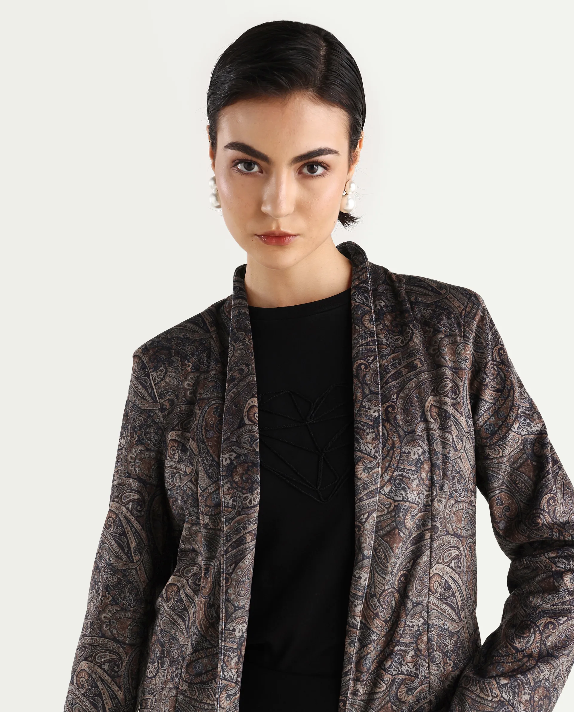 Rareism Women's Resko Multi Velvet Collarless Paisley Print Regular Fit Jacket - Image 4
