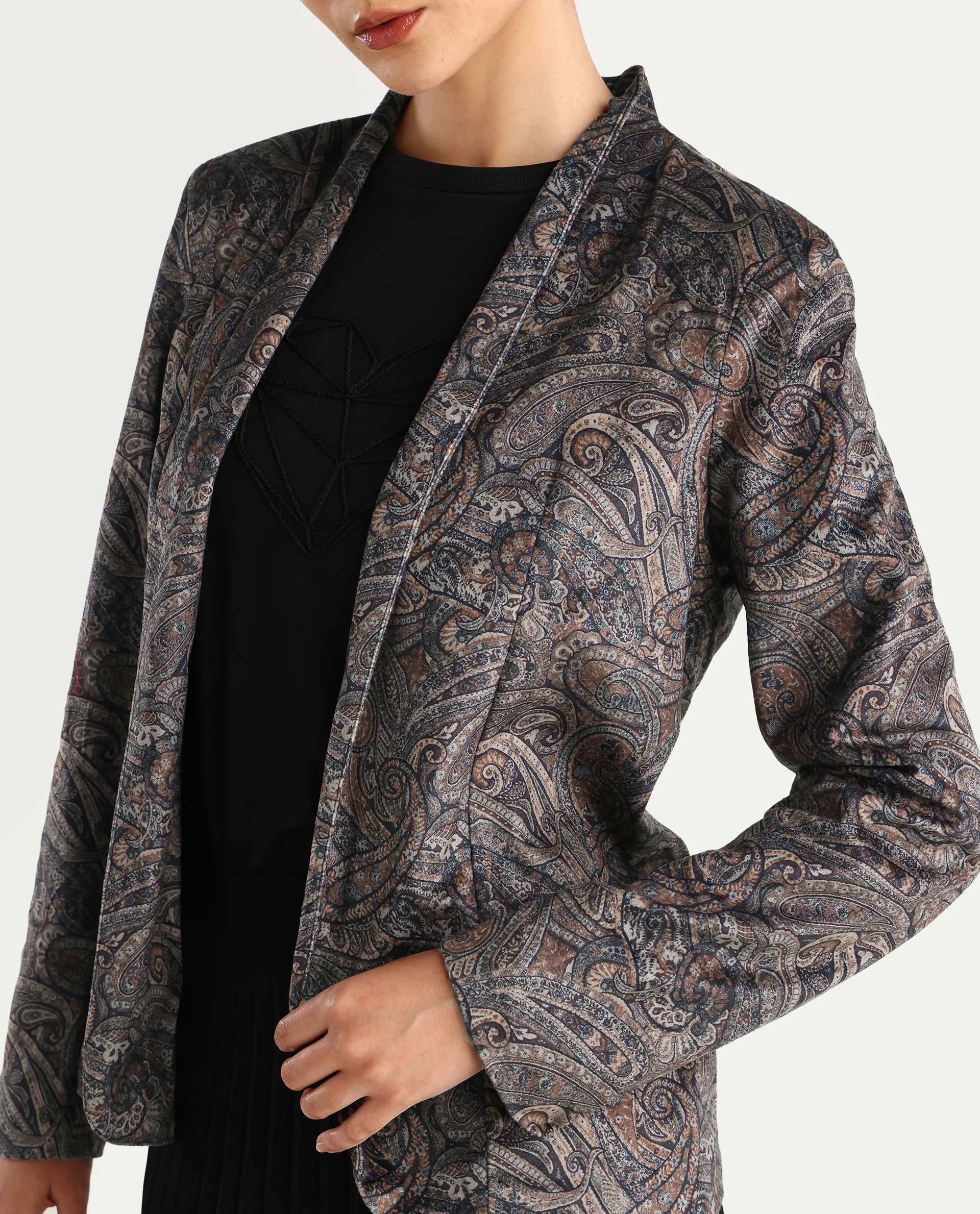 Rareism Women's Resko Multi Velvet Collarless Paisley Print Regular Fit Jacket - Image 5