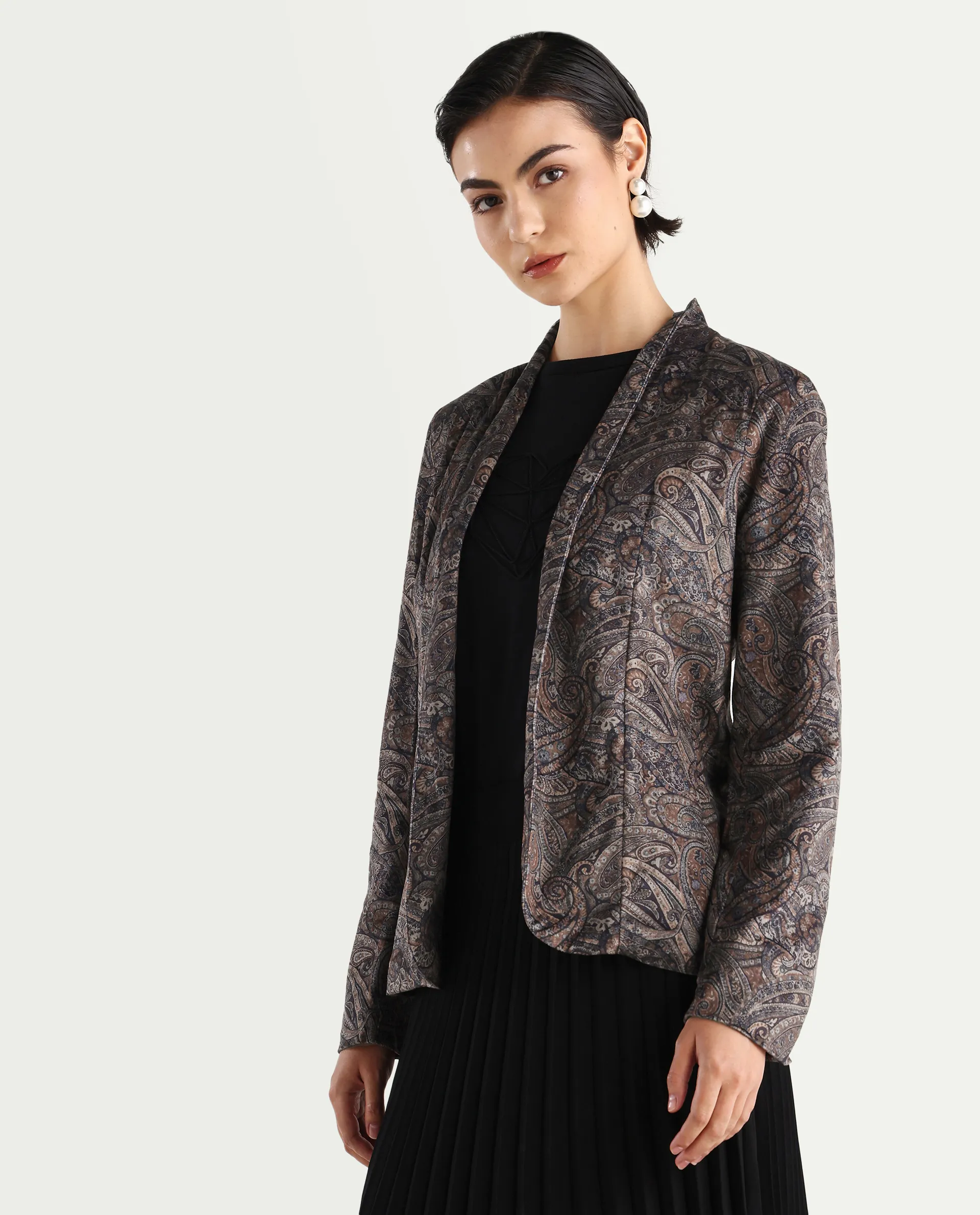 Rareism Women's Resko Multi Velvet Collarless Paisley Print Regular Fit Jacket - Image 6