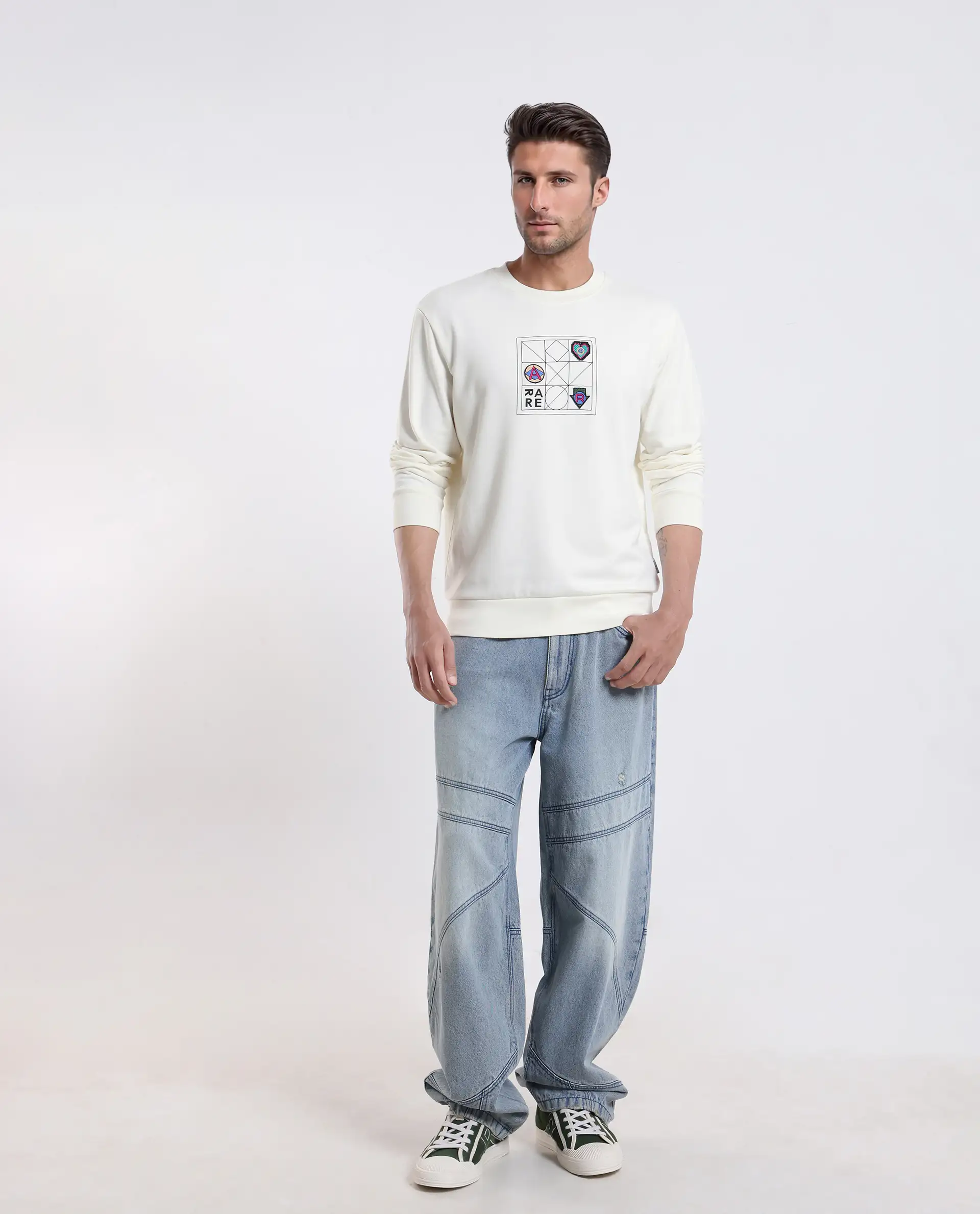 Rare Rabbit Men's Reso Off White Cotton Blend Typography Print Regular Fit Full Sleeve Crew Neck Sweatshirt - Image 2