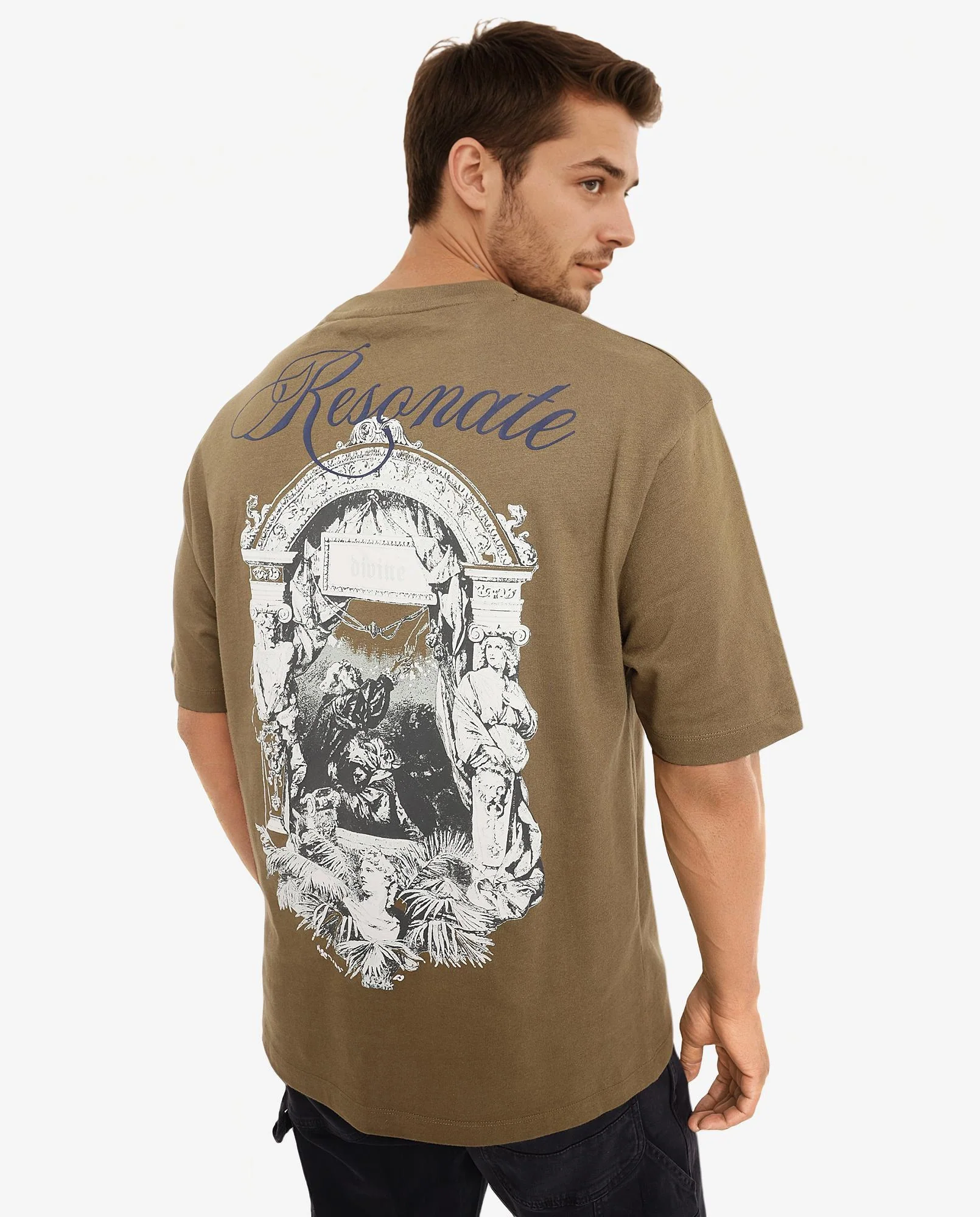 Rare Rabbit Men's Reso Olive Cotton Graphic Print Oversized Fit Half Sleeve Crew Neck T-Shirt - Image 2