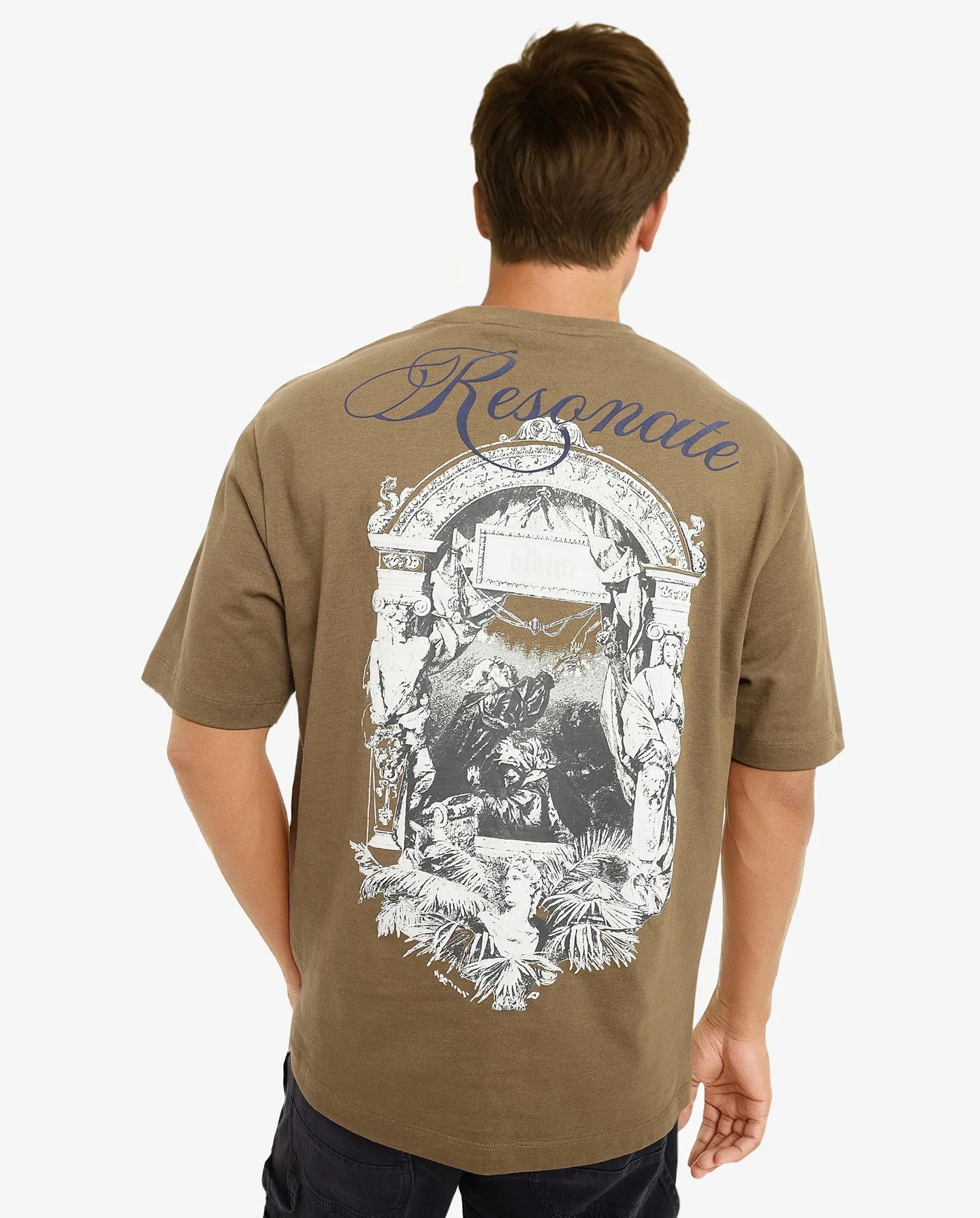 Rare Rabbit Men's Reso Olive Cotton Graphic Print Oversized Fit Half Sleeve Crew Neck T-Shirt - Image 4