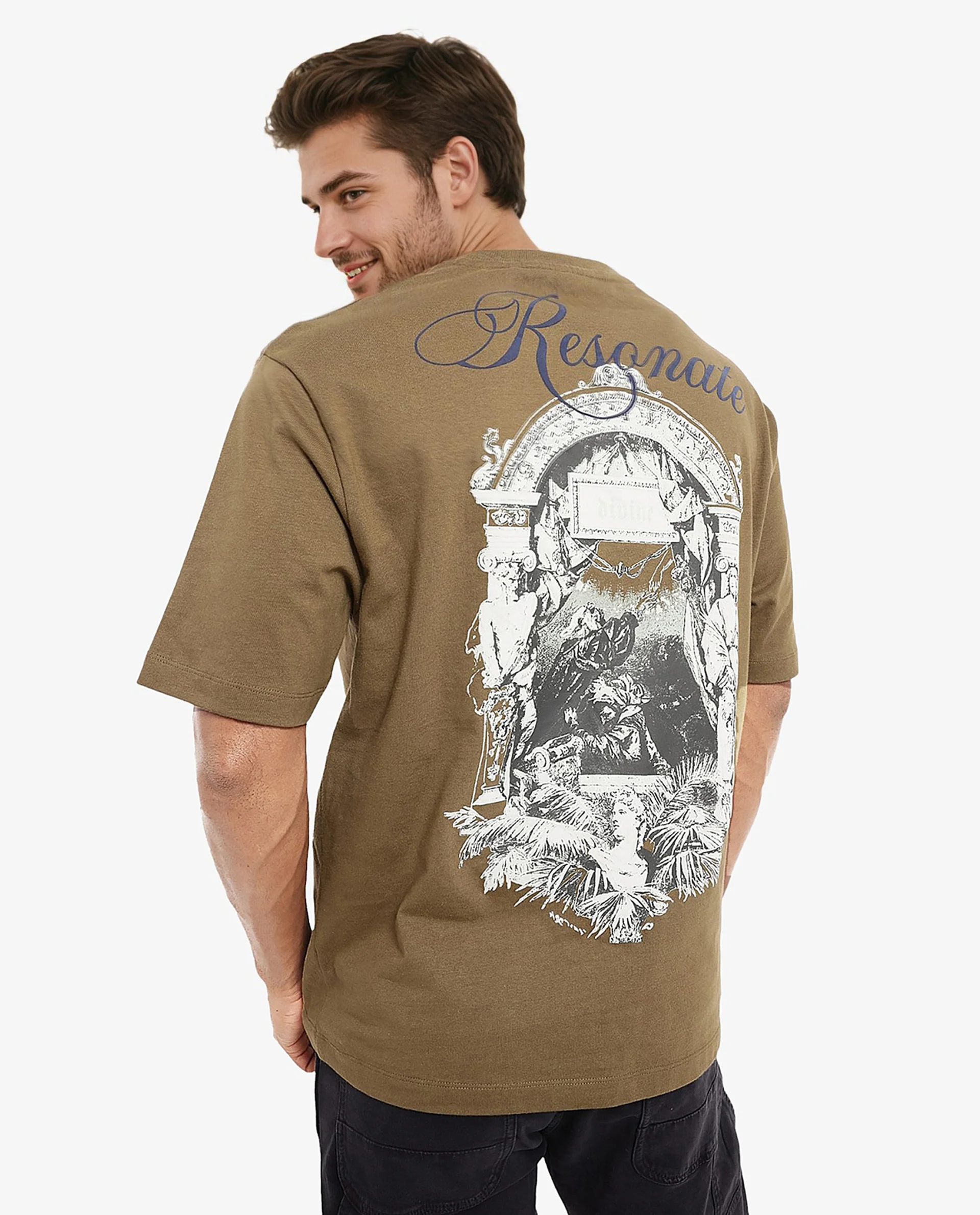 Rare Rabbit Men's Reso Olive Cotton Graphic Print Oversized Fit Half Sleeve Crew Neck T-Shirt - Image 8