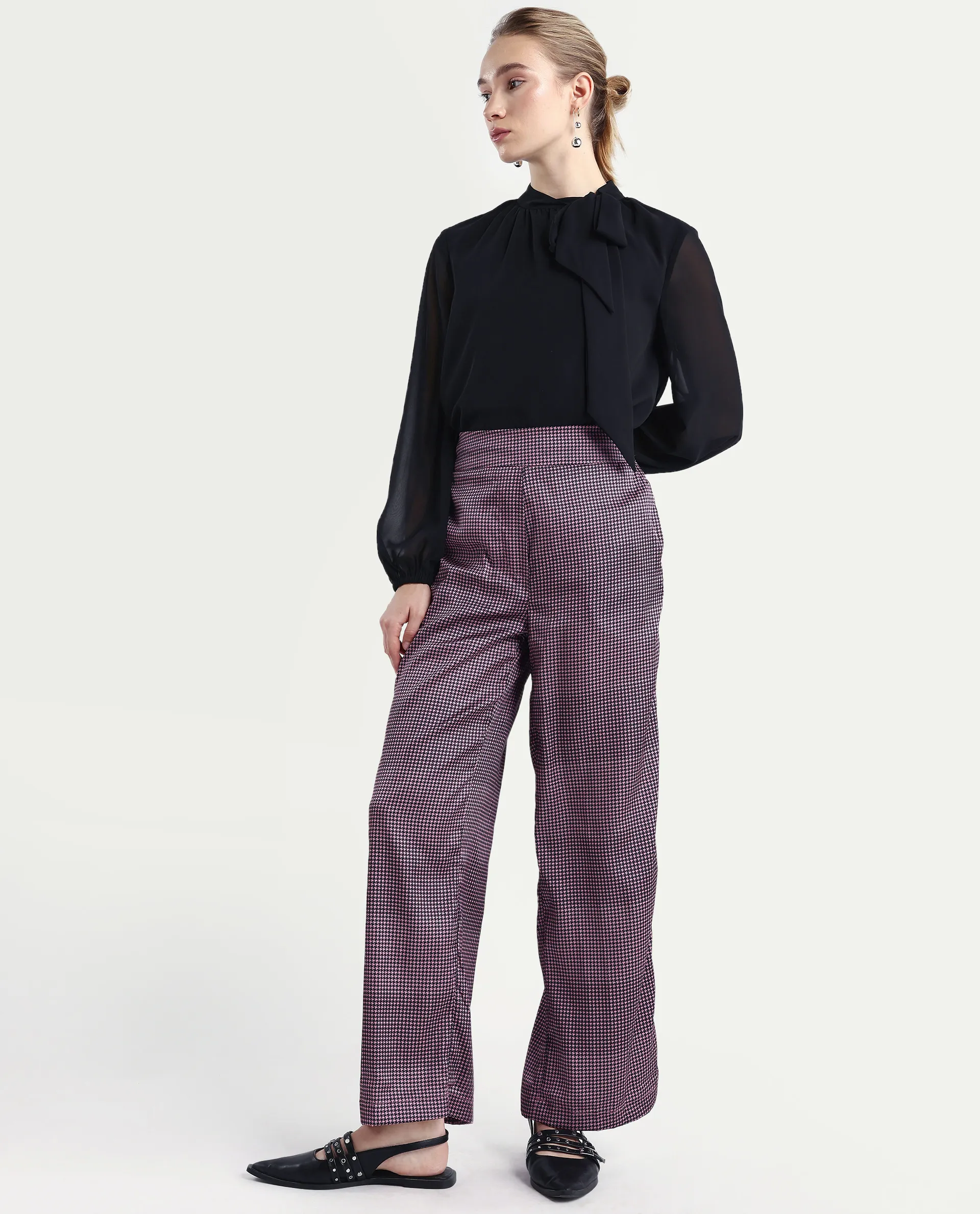 Rareism Women's Retre Multi Polyester Blend Houndstooth Print Ankle Length Straight Fit Trouser - Image 4