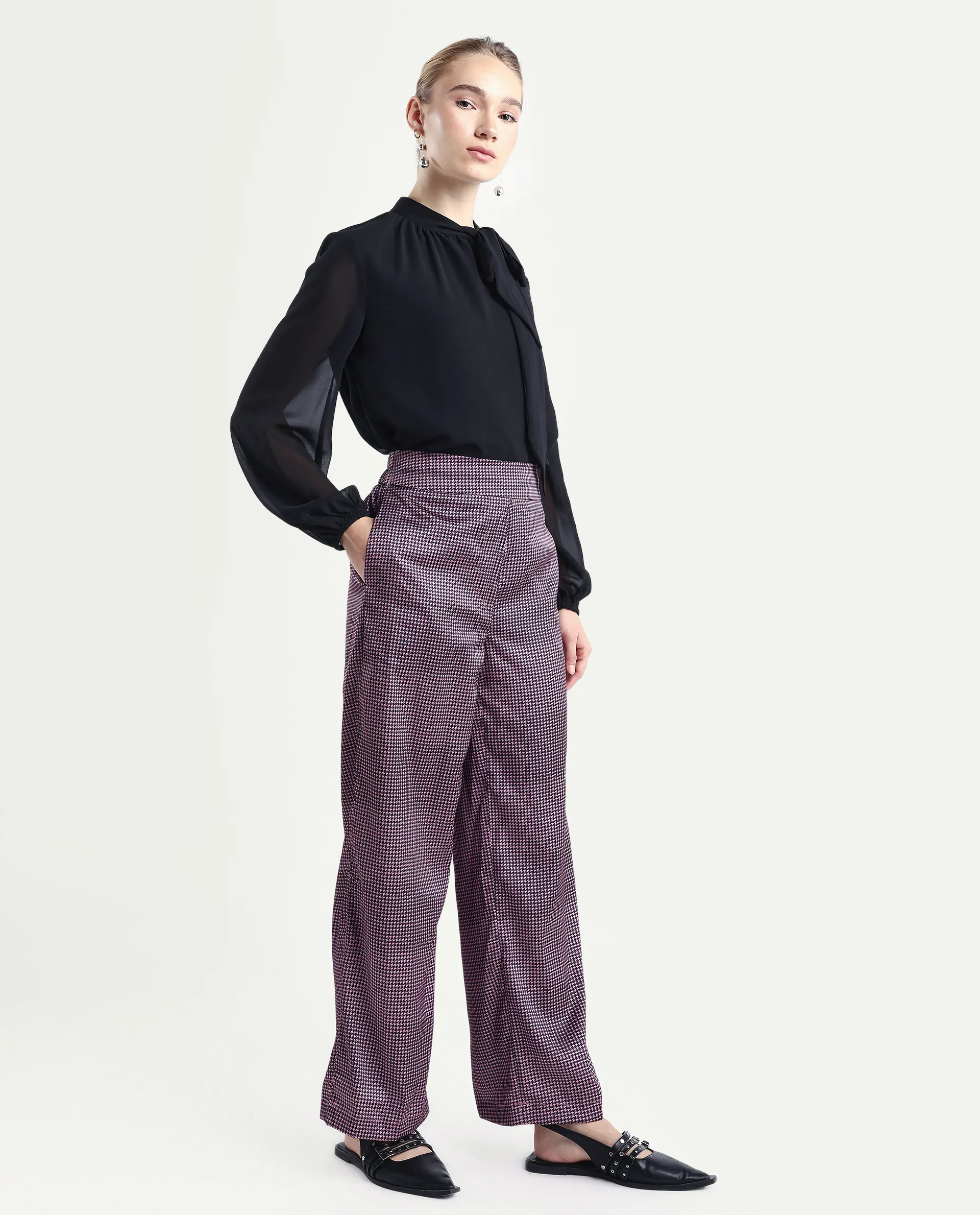 Rareism Women's Retre Multi Polyester Blend Houndstooth Print Ankle Length Straight Fit Trouser - Image 5