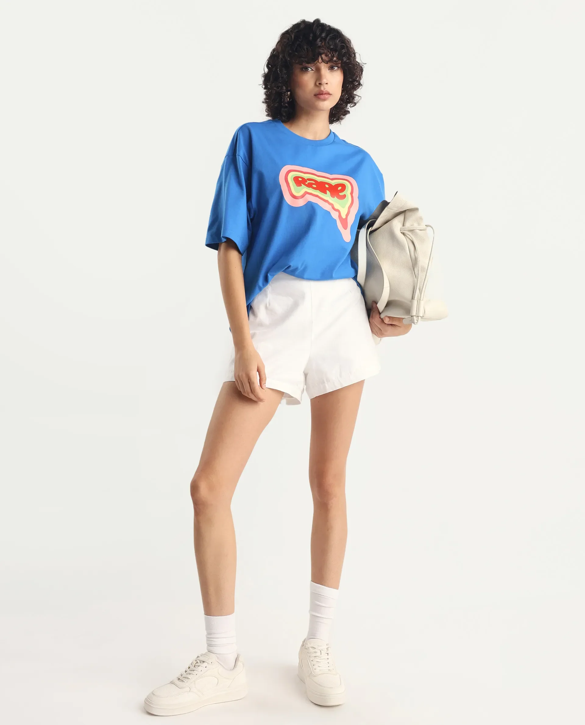 Rareism Women's Retriz Blue Cotton Crew Neck Graphic Print Oversized T-Shirt - Image 2
