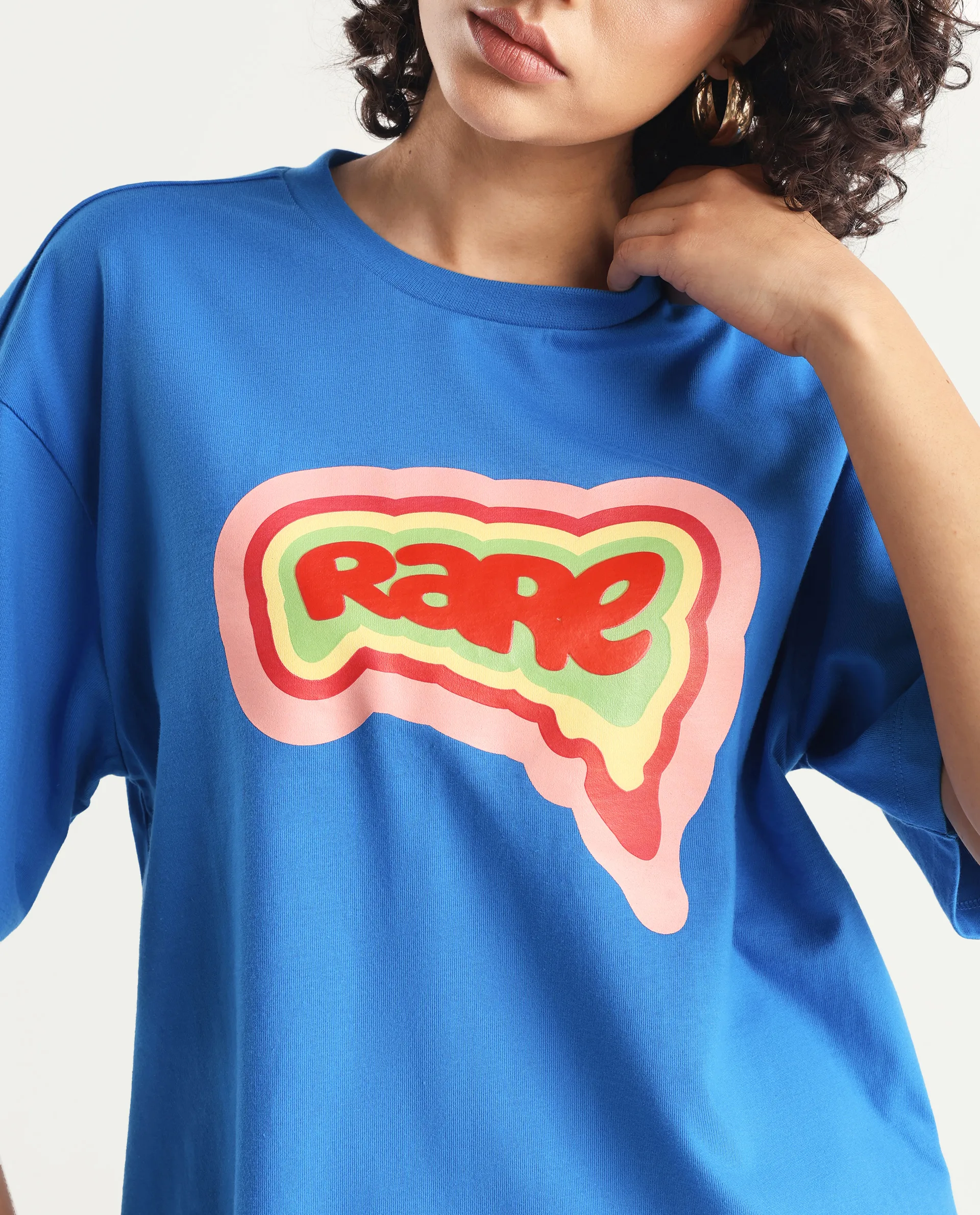 Rareism Women's Retriz Blue Cotton Crew Neck Graphic Print Oversized T-Shirt - Image 3
