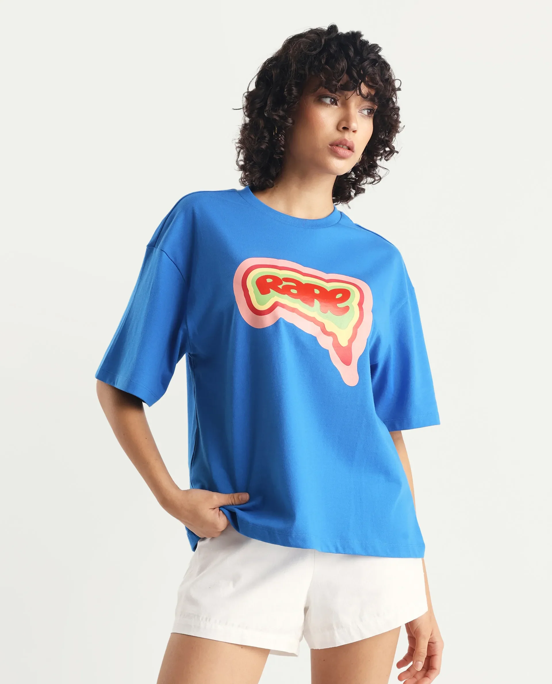 Rareism Women's Retriz Blue Cotton Crew Neck Graphic Print Oversized T-Shirt - Image 4