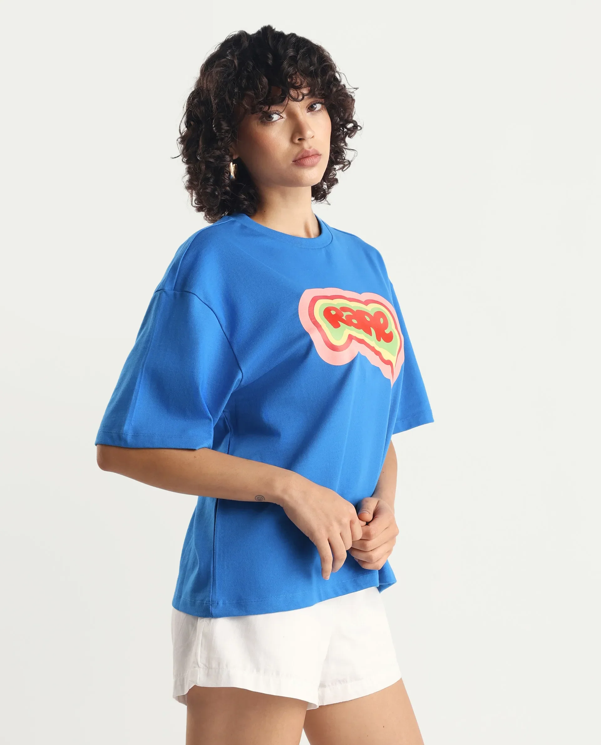 Rareism Women's Retriz Blue Cotton Crew Neck Graphic Print Oversized T-Shirt - Image 5