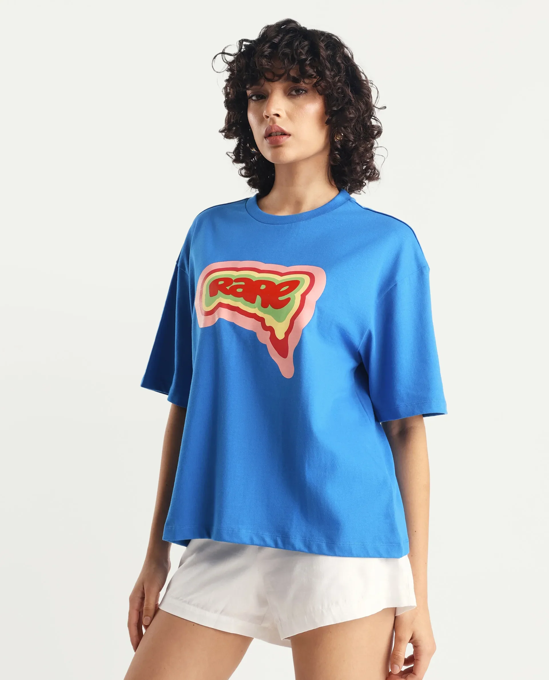 Rareism Women's Retriz Blue Cotton Crew Neck Graphic Print Oversized T-Shirt - Image 6