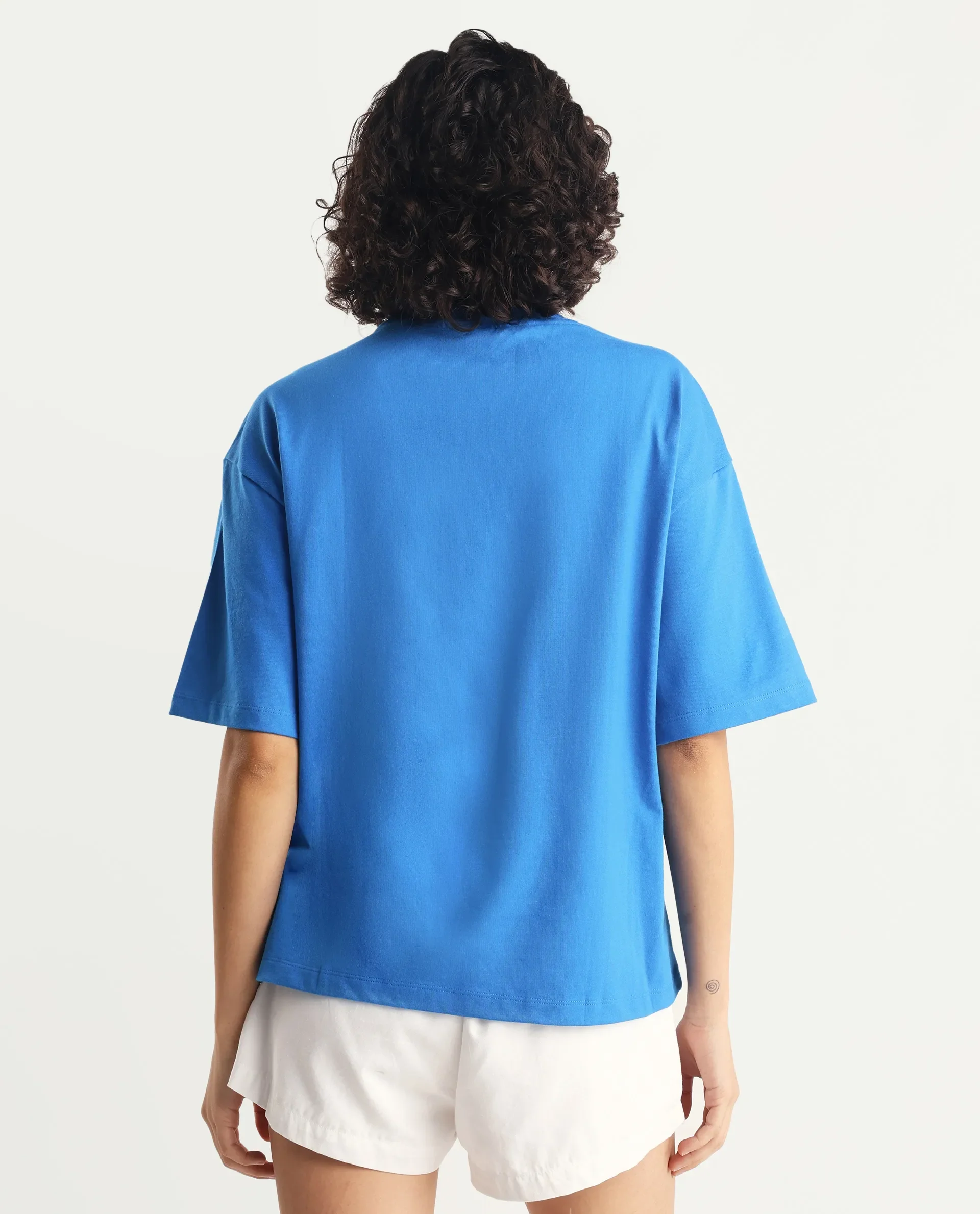 Rareism Women's Retriz Blue Cotton Crew Neck Graphic Print Oversized T-Shirt - Image 7