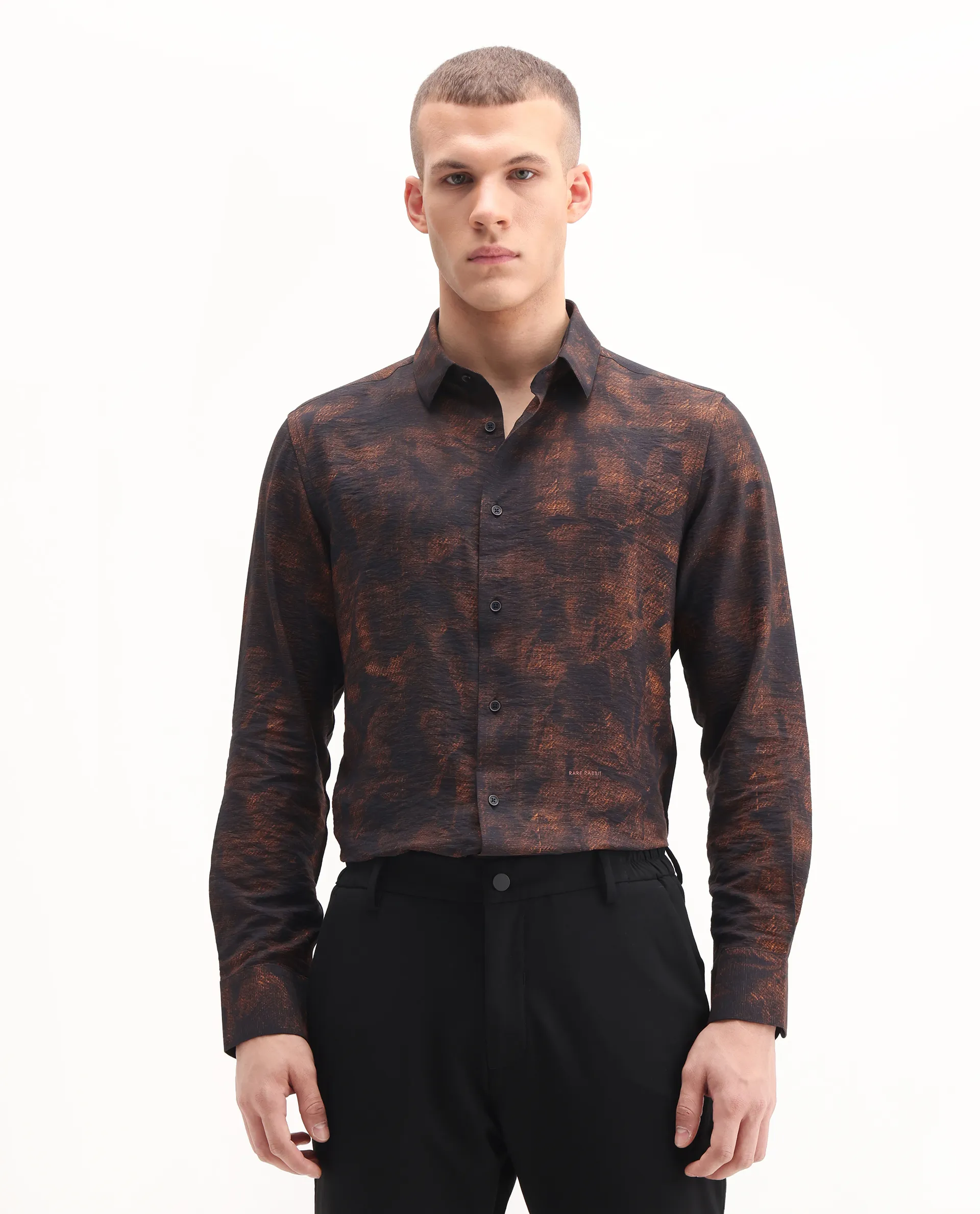 Rare Rabbit Men's Retro Dusky Brown Viscose Blend Abstract Print Regular Fit Full Sleeve Collared Shirt - Image 4