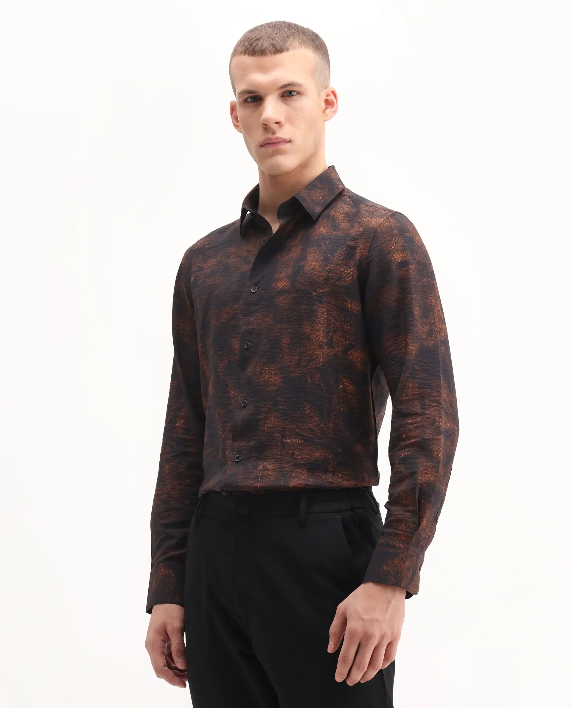 Rare Rabbit Men's Retro Dusky Brown Viscose Blend Abstract Print Regular Fit Full Sleeve Collared Shirt - Image 5