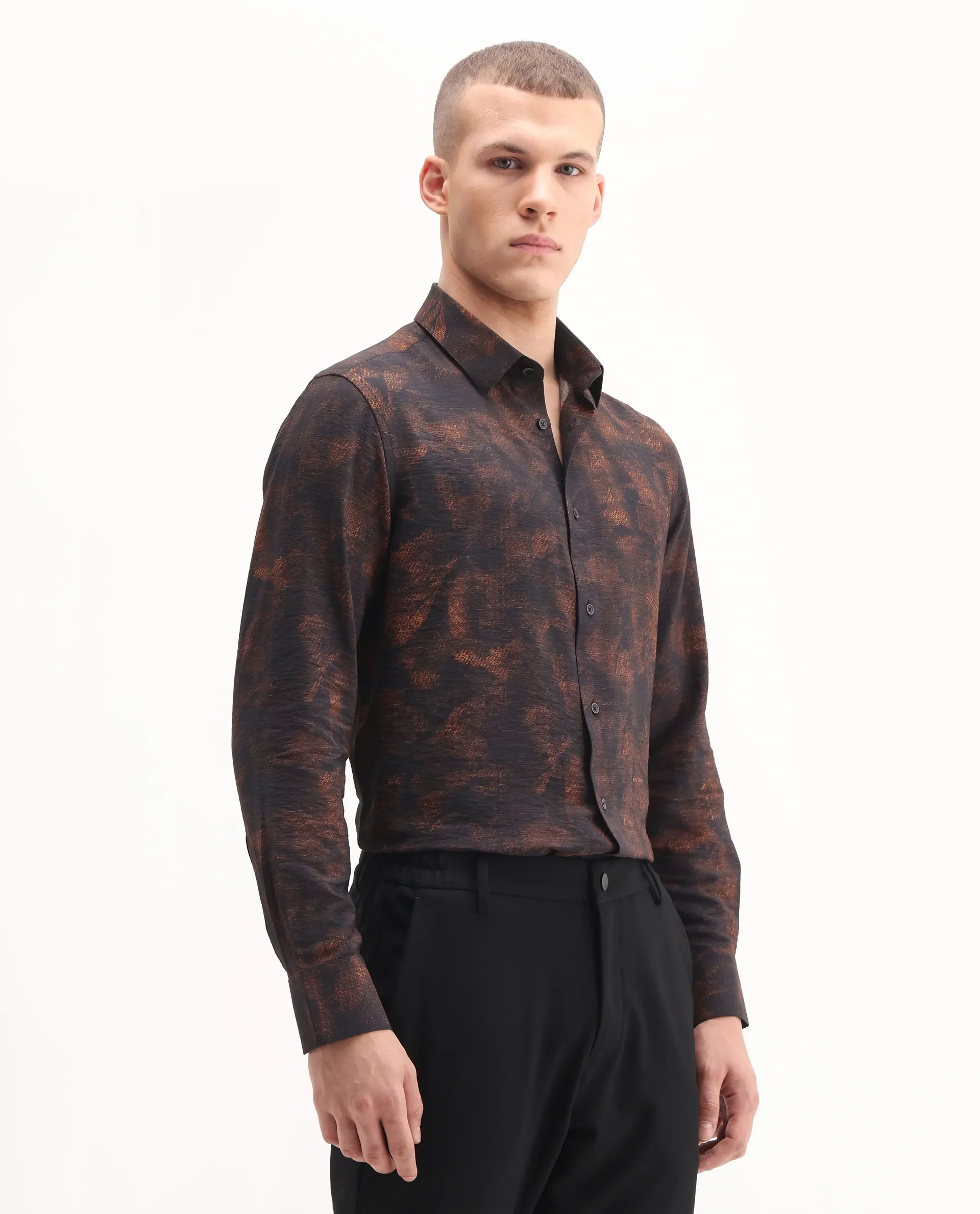 Rare Rabbit Men's Retro Dusky Brown Viscose Blend Abstract Print Regular Fit Full Sleeve Collared Shirt - Image 6