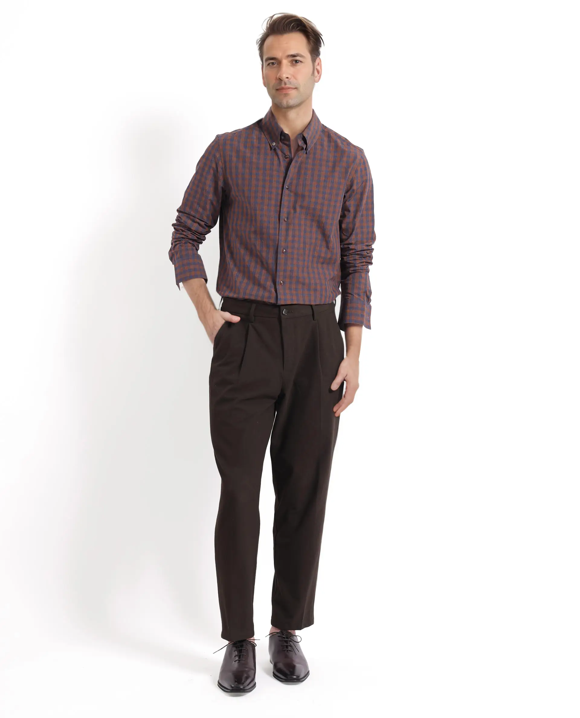 Rare Rabbit Men's Rettos Dark Brown Cotton Checked Print Regular Fit Full Sleeve Collared Shirt - Image 2