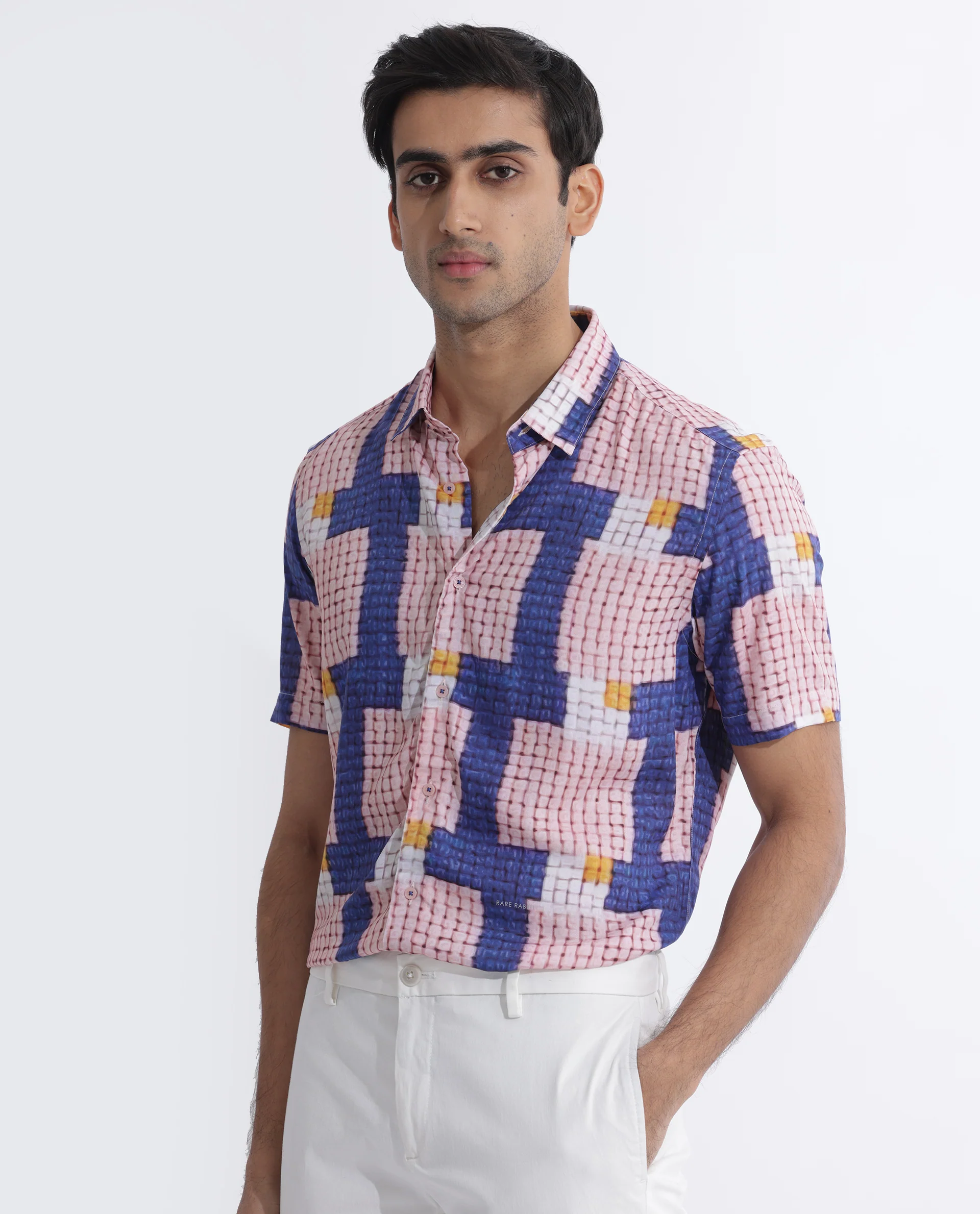 Rare Rabbit Men's Reusa Blue Viscose Abstract Print Regular Fit Half Sleeve Collared Shirt - Image 3