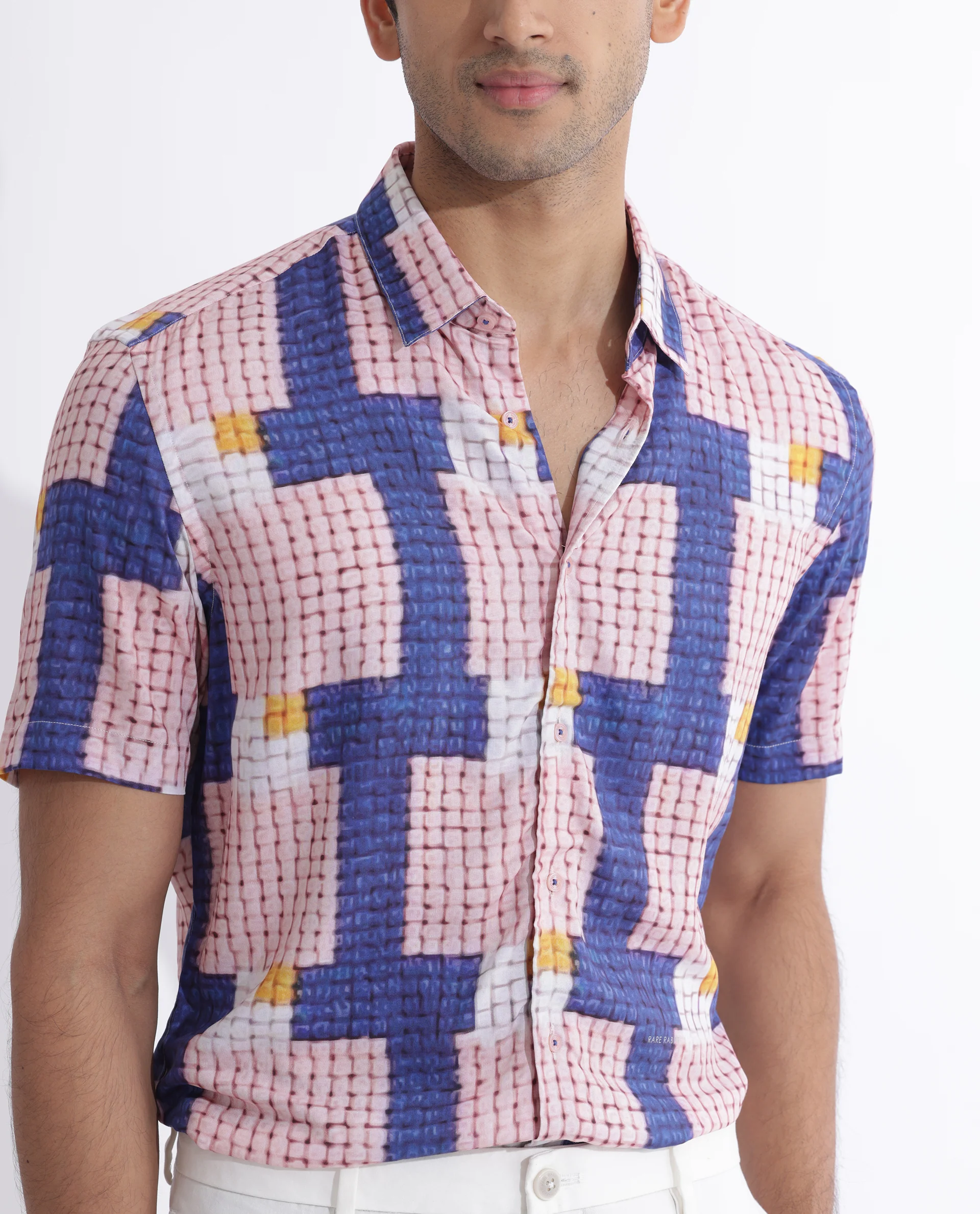 Rare Rabbit Men's Reusa Blue Viscose Abstract Print Regular Fit Half Sleeve Collared Shirt - Image 4