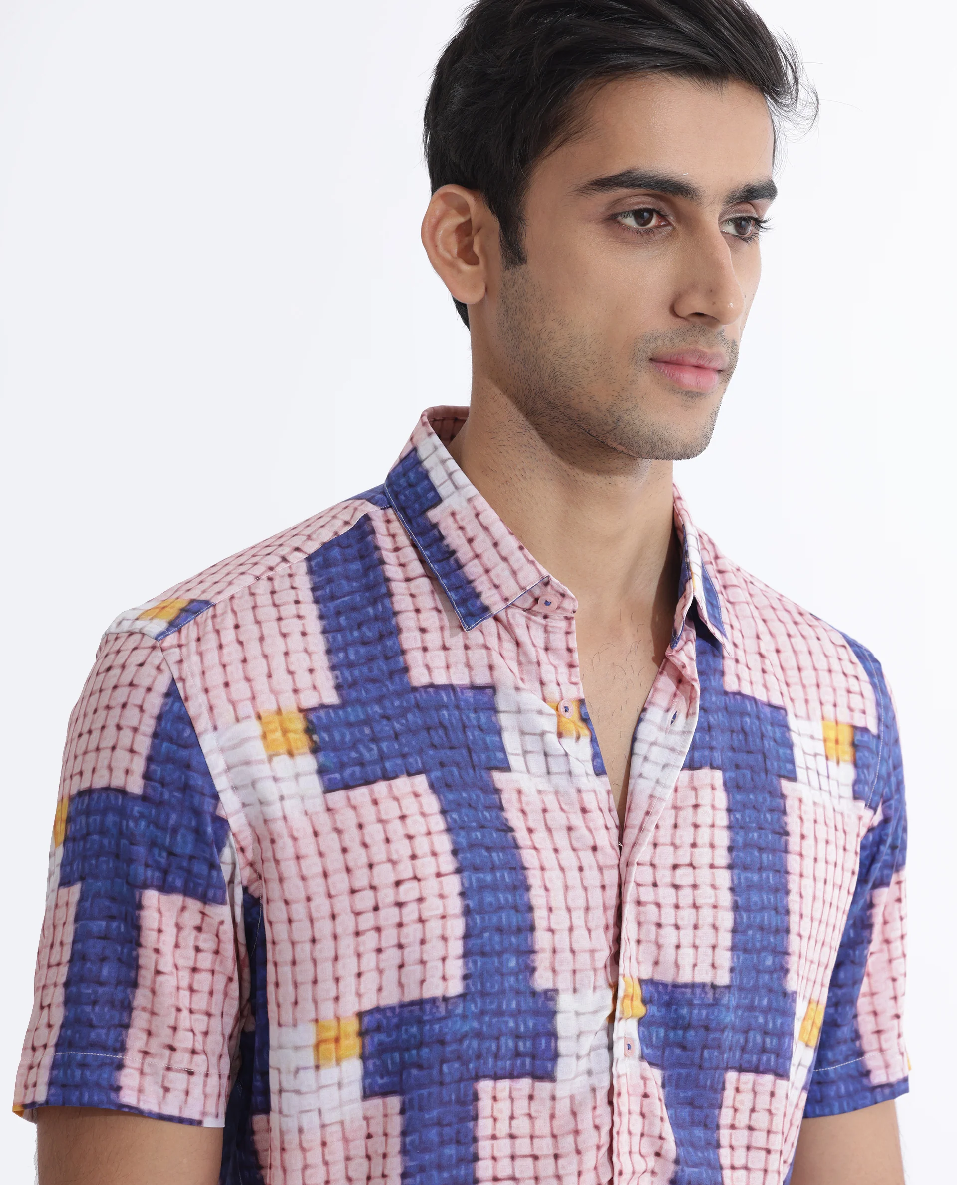 Rare Rabbit Men's Reusa Blue Viscose Abstract Print Regular Fit Half Sleeve Collared Shirt - Image 5