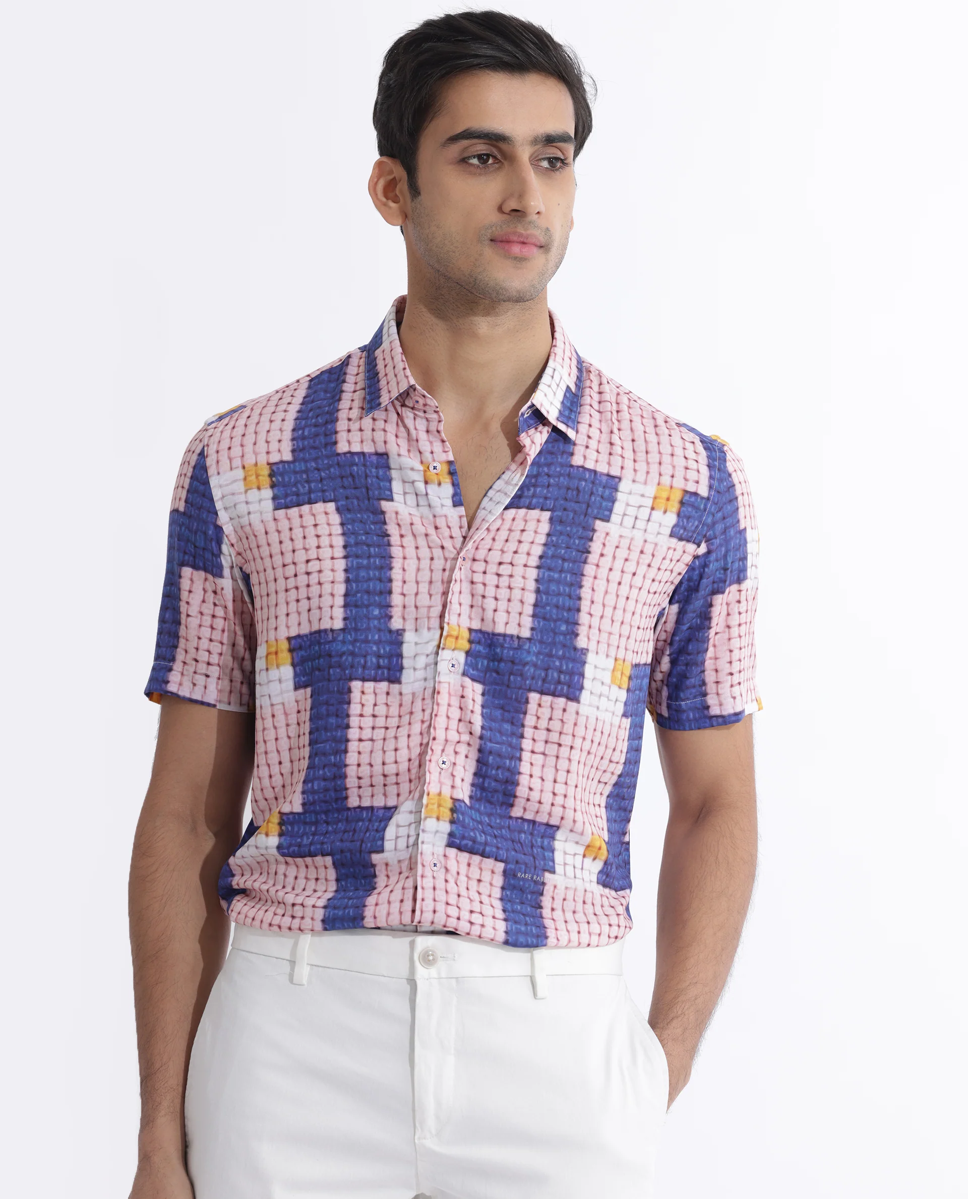 Rare Rabbit Men's Reusa Blue Viscose Abstract Print Regular Fit Half Sleeve Collared Shirt - Image 6