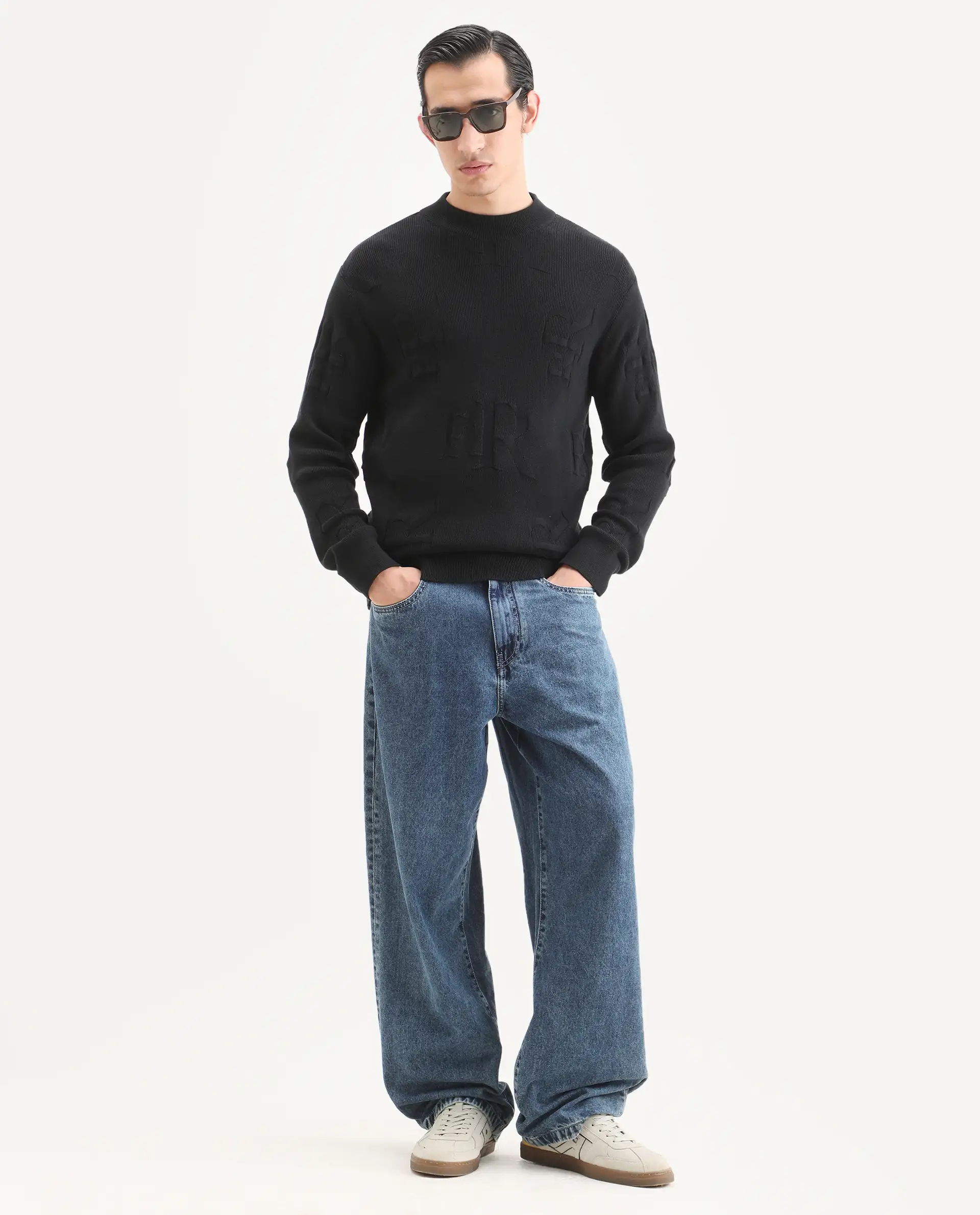 Rare Rabbit Men's Rev Black Acrylic Fabric Full Sleeve Crew Neck Textured Sweater - Image 2