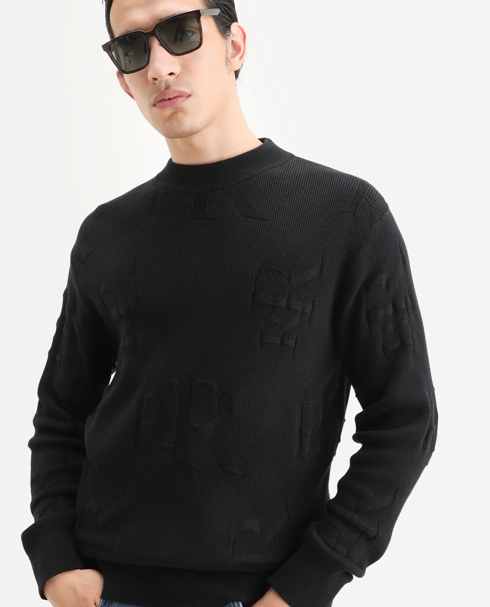Rare Rabbit Men's Rev Black Acrylic Fabric Full Sleeve Crew Neck Textured Sweater - Image 3