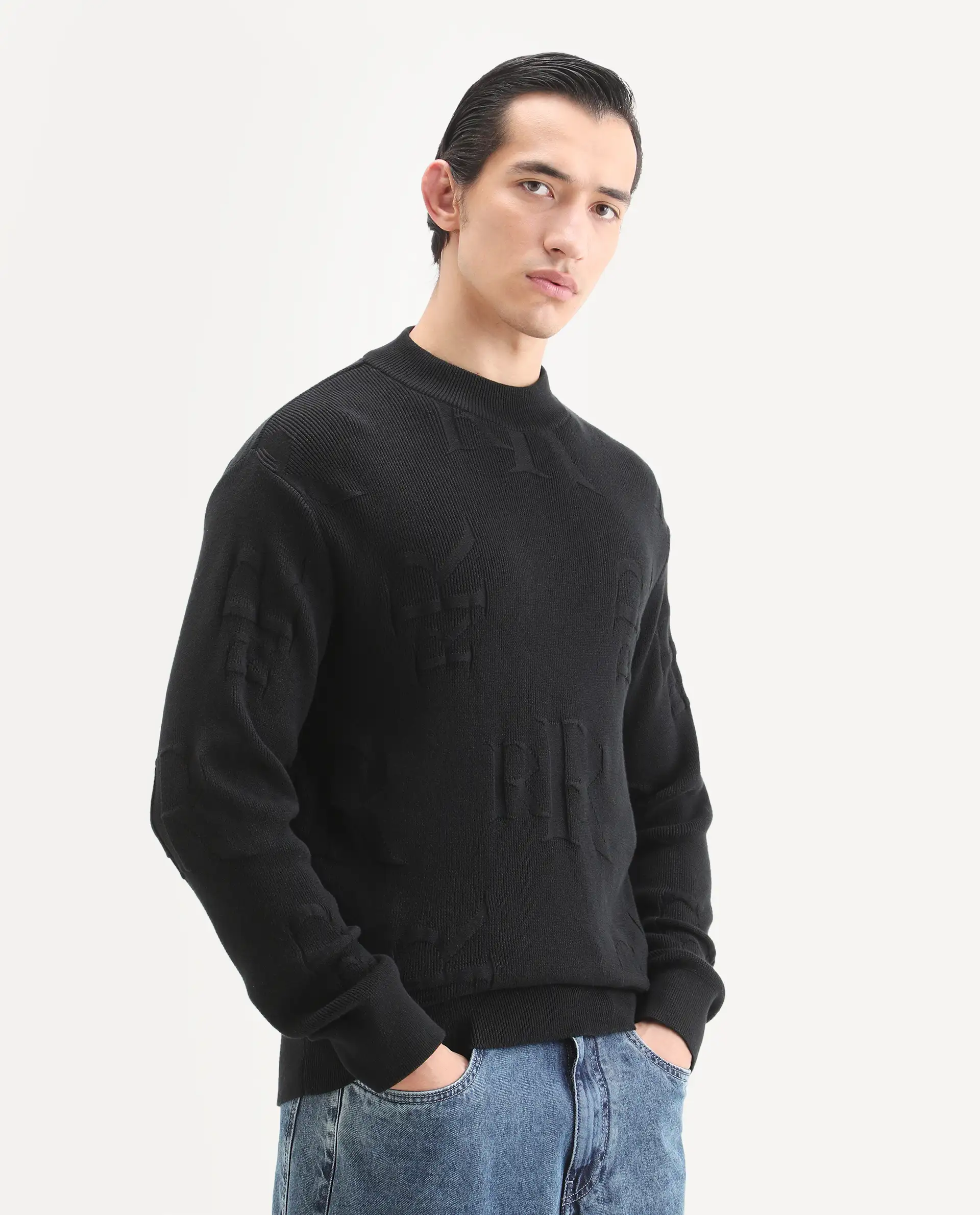 Rare Rabbit Men's Rev Black Acrylic Fabric Full Sleeve Crew Neck Textured Sweater - Image 4