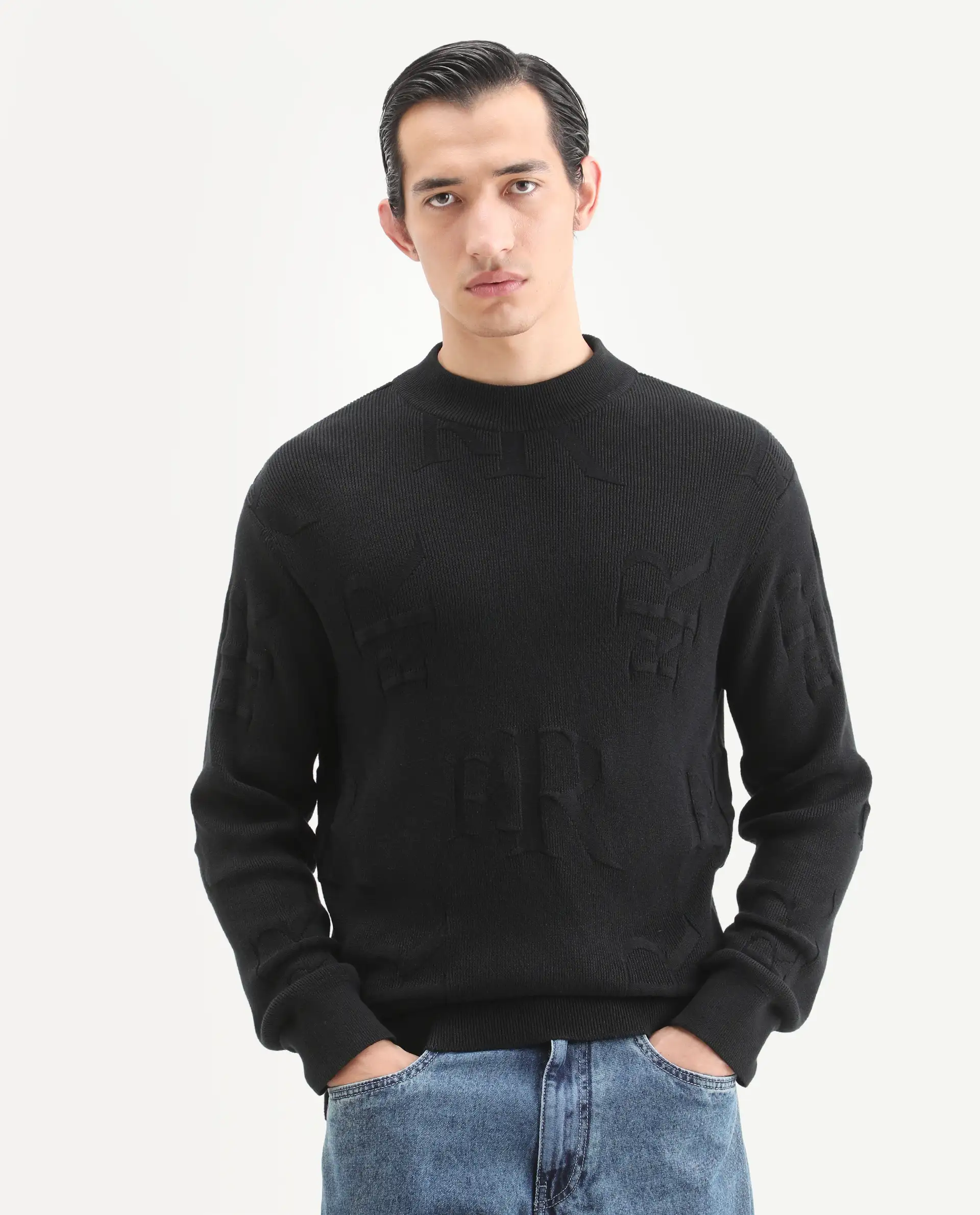 Rare Rabbit Men's Rev Black Acrylic Fabric Full Sleeve Crew Neck Textured Sweater - Image 5