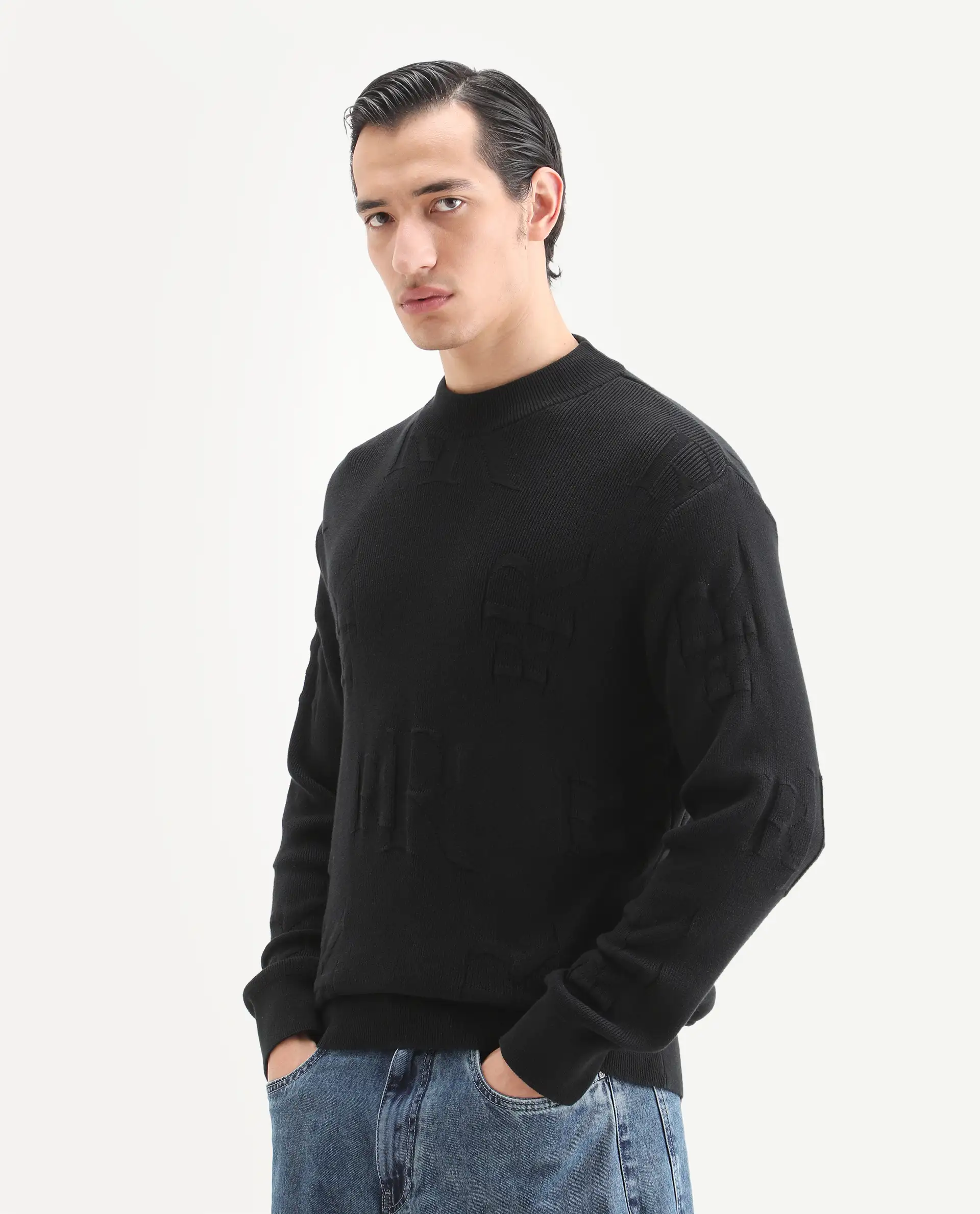 Rare Rabbit Men's Rev Black Acrylic Fabric Full Sleeve Crew Neck Textured Sweater - Image 6