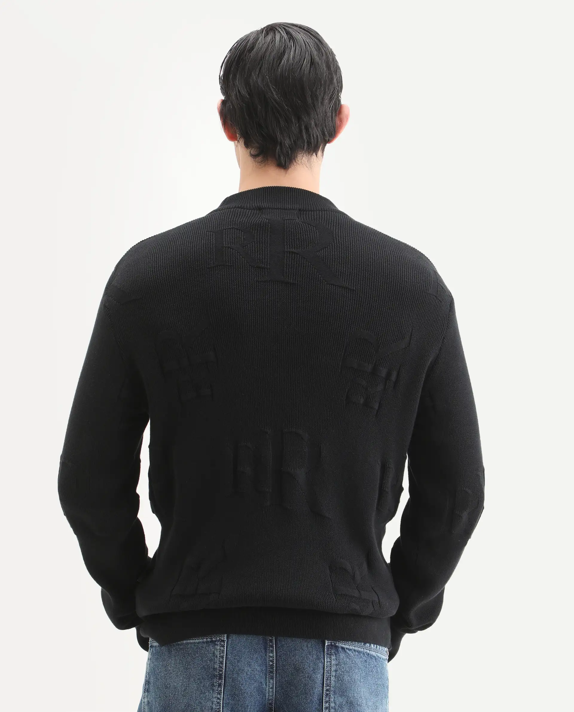 Rare Rabbit Men's Rev Black Acrylic Fabric Full Sleeve Crew Neck Textured Sweater - Image 7
