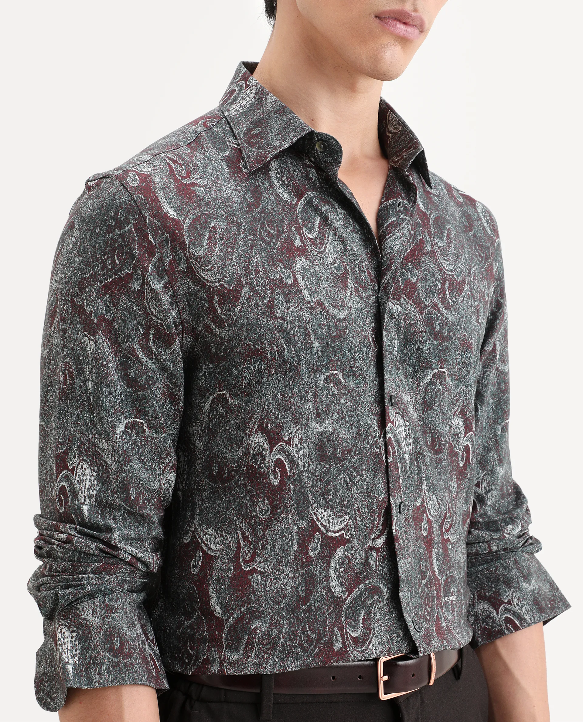 Rare Rabbit Men's Reva Dusky Grey Viscose Fabric Full Sleeve Spread Collar Regular Fit Paisley Print Shirt - Image 3