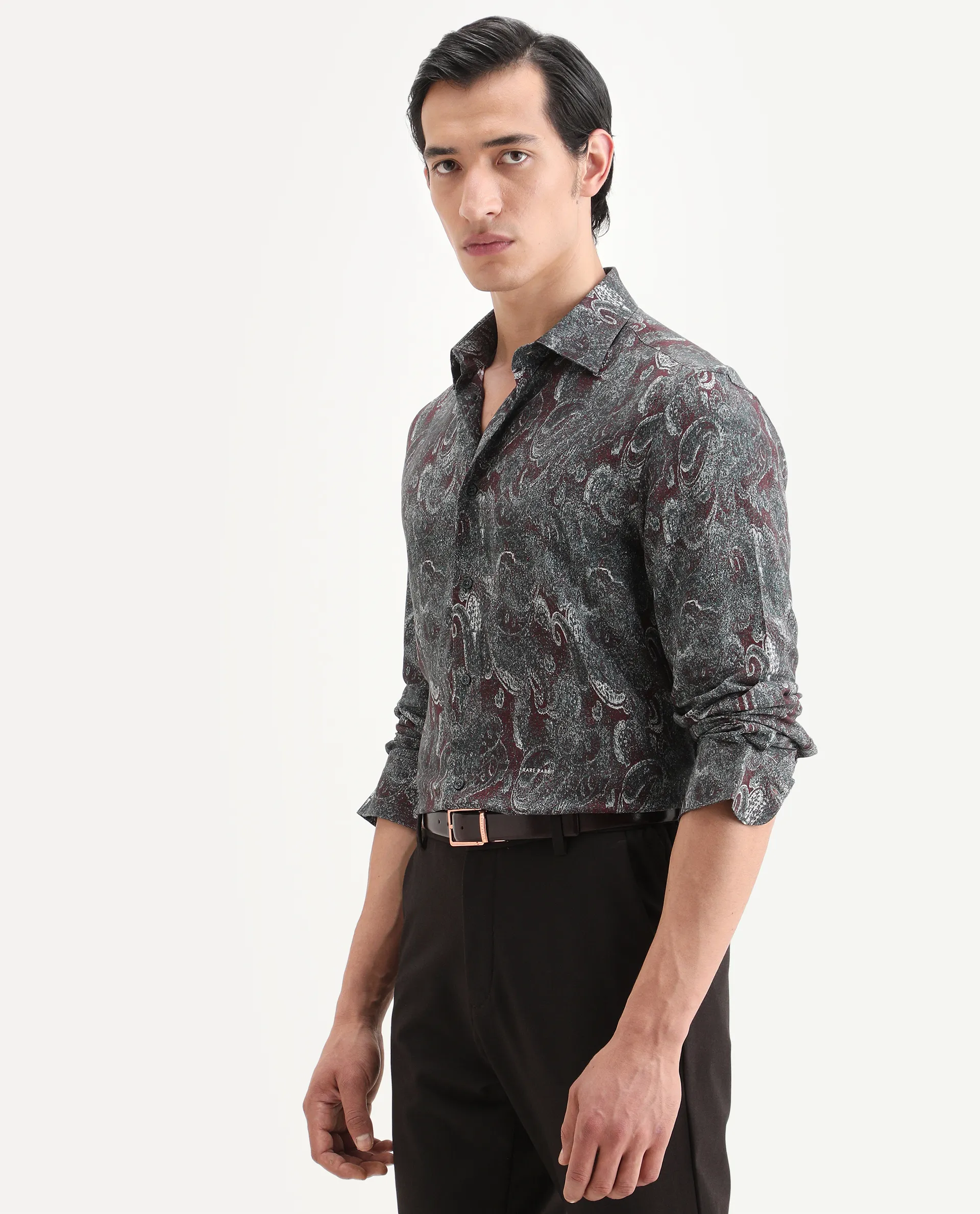 Rare Rabbit Men's Reva Dusky Grey Viscose Fabric Full Sleeve Spread Collar Regular Fit Paisley Print Shirt - Image 4