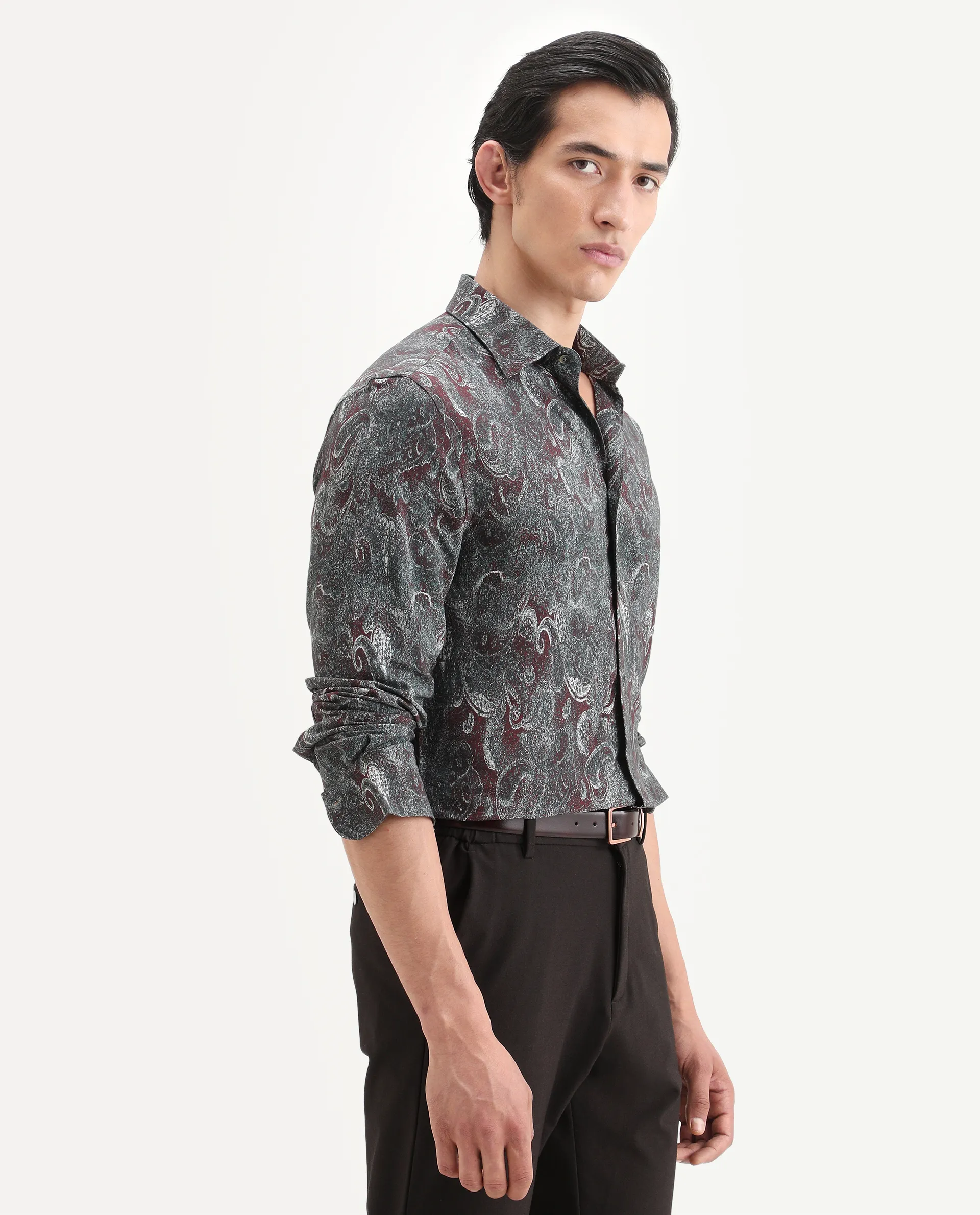 Rare Rabbit Men's Reva Dusky Grey Viscose Fabric Full Sleeve Spread Collar Regular Fit Paisley Print Shirt - Image 5