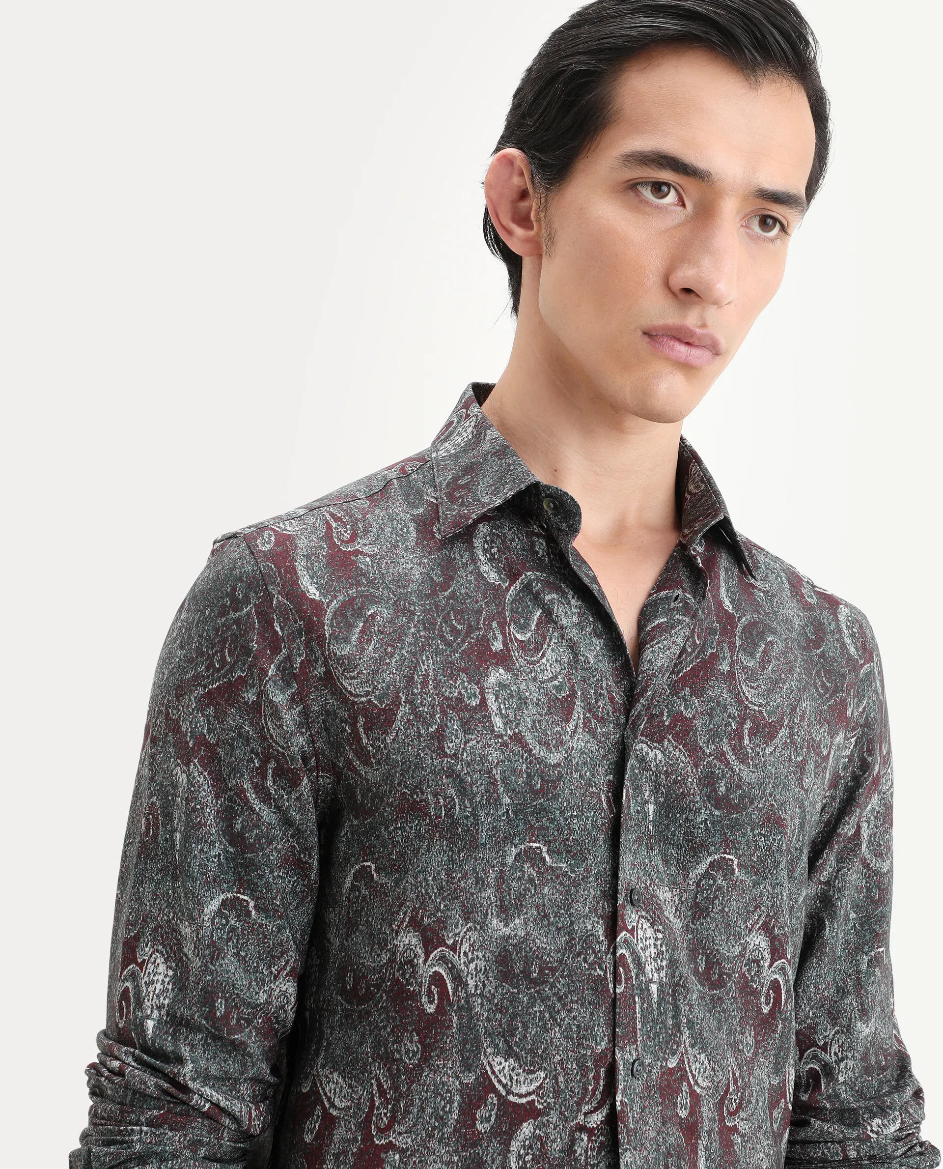 Rare Rabbit Men's Reva Dusky Grey Viscose Fabric Full Sleeve Spread Collar Regular Fit Paisley Print Shirt - Image 6