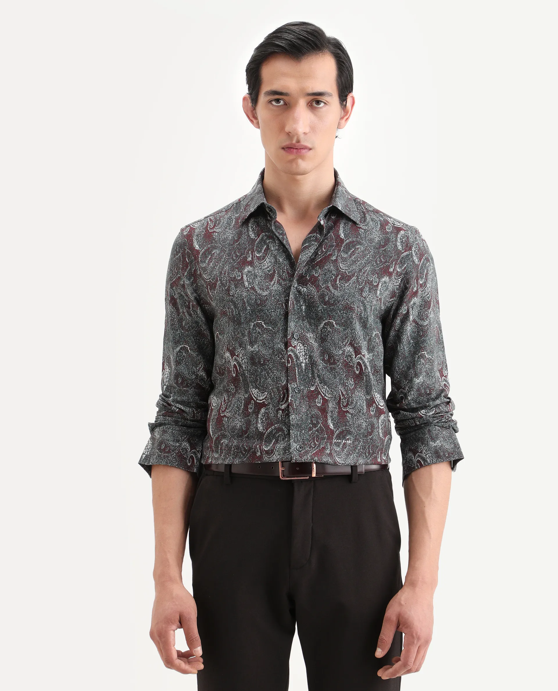 Rare Rabbit Men's Reva Dusky Grey Viscose Fabric Full Sleeve Spread Collar Regular Fit Paisley Print Shirt - Image 7