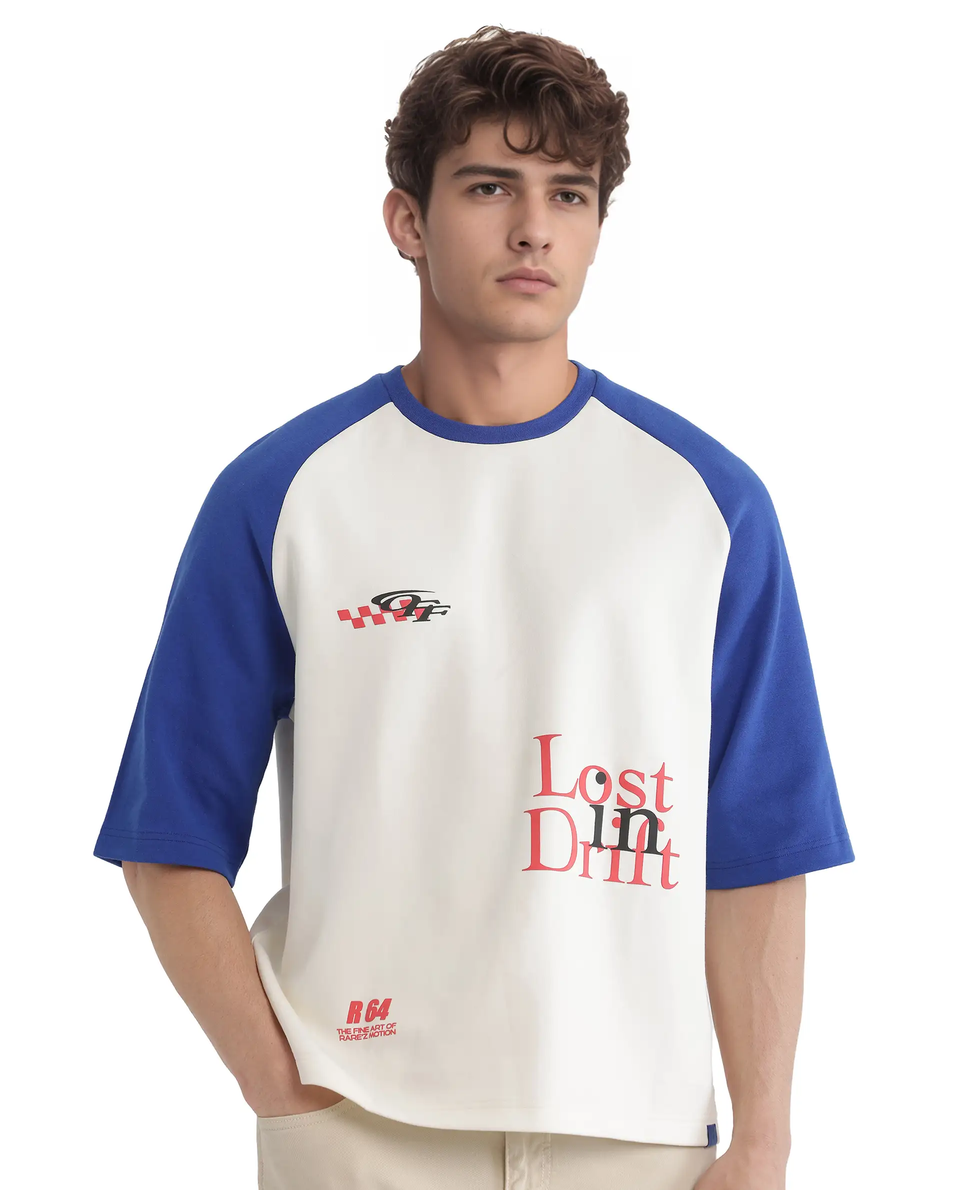 Rare Rabbit Men's Reva Off White Cotton Blend Hd Print Oversized Fit Half Sleeve Crew Neck T-Shirt