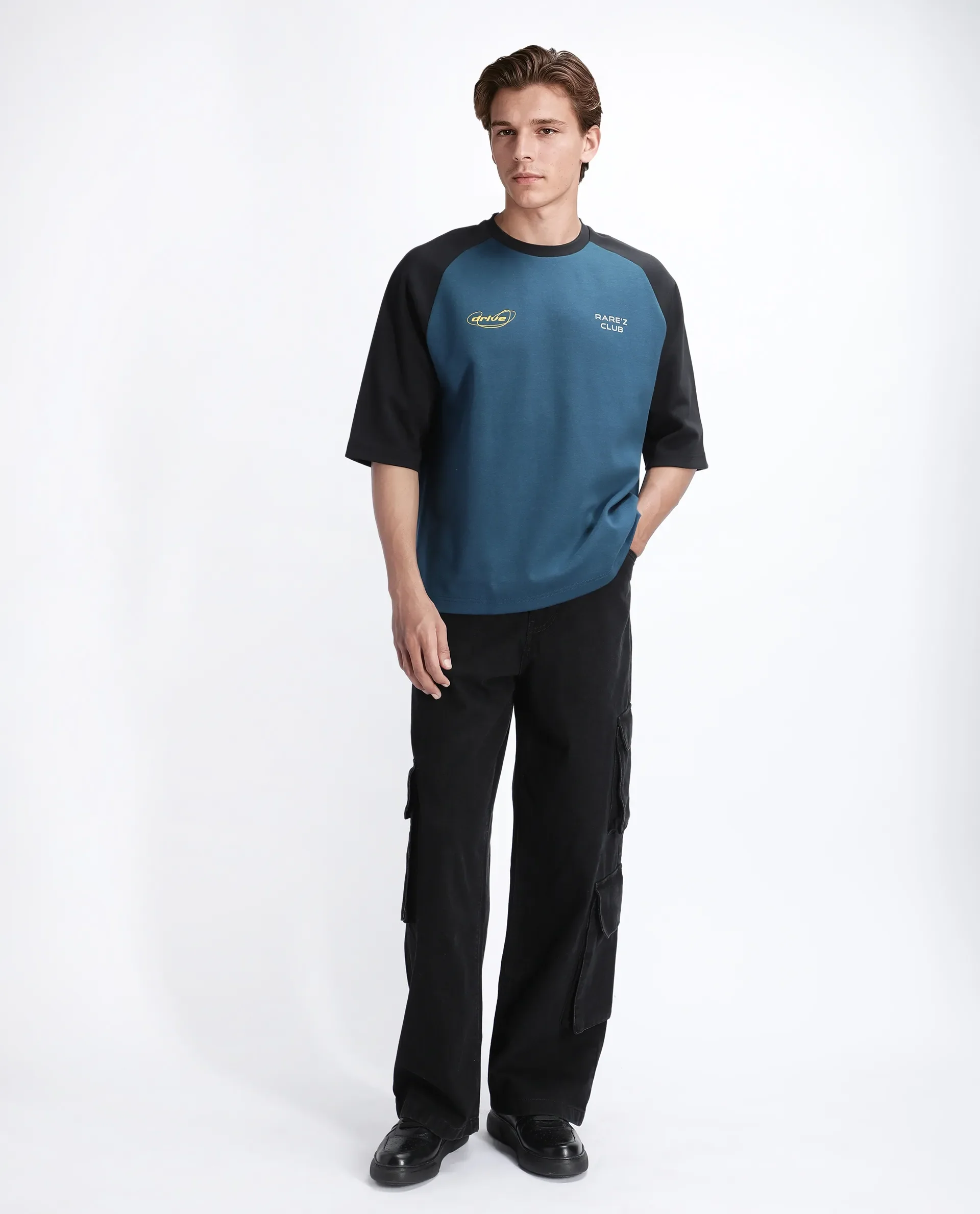 Rare Rabbit Men's Revalo Teal Cotton Blend Graphic Print Oversized Fit Half Sleeve Crew Neck T-Shirt - Image 2