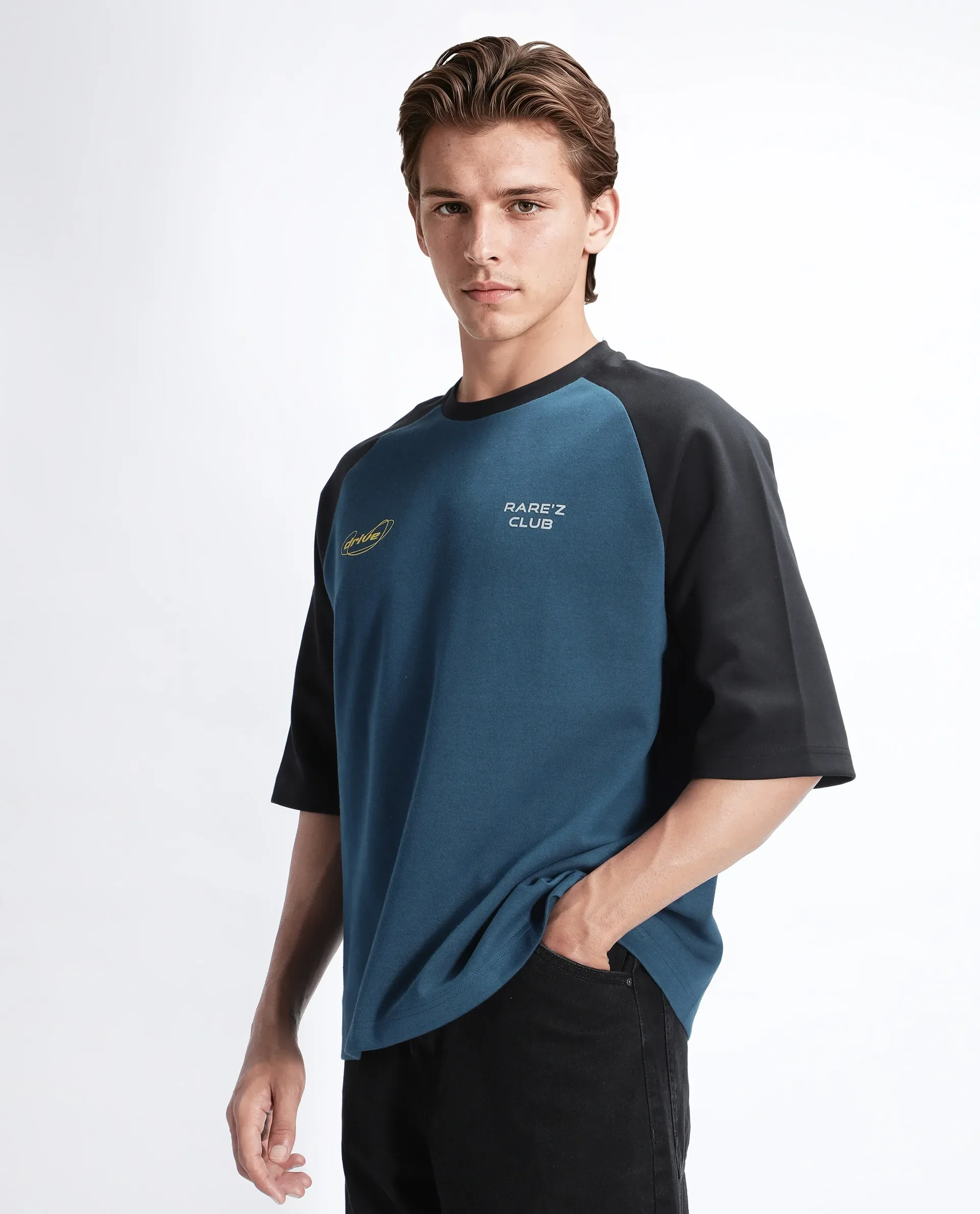 Rare Rabbit Men's Revalo Teal Cotton Blend Graphic Print Oversized Fit Half Sleeve Crew Neck T-Shirt - Image 3