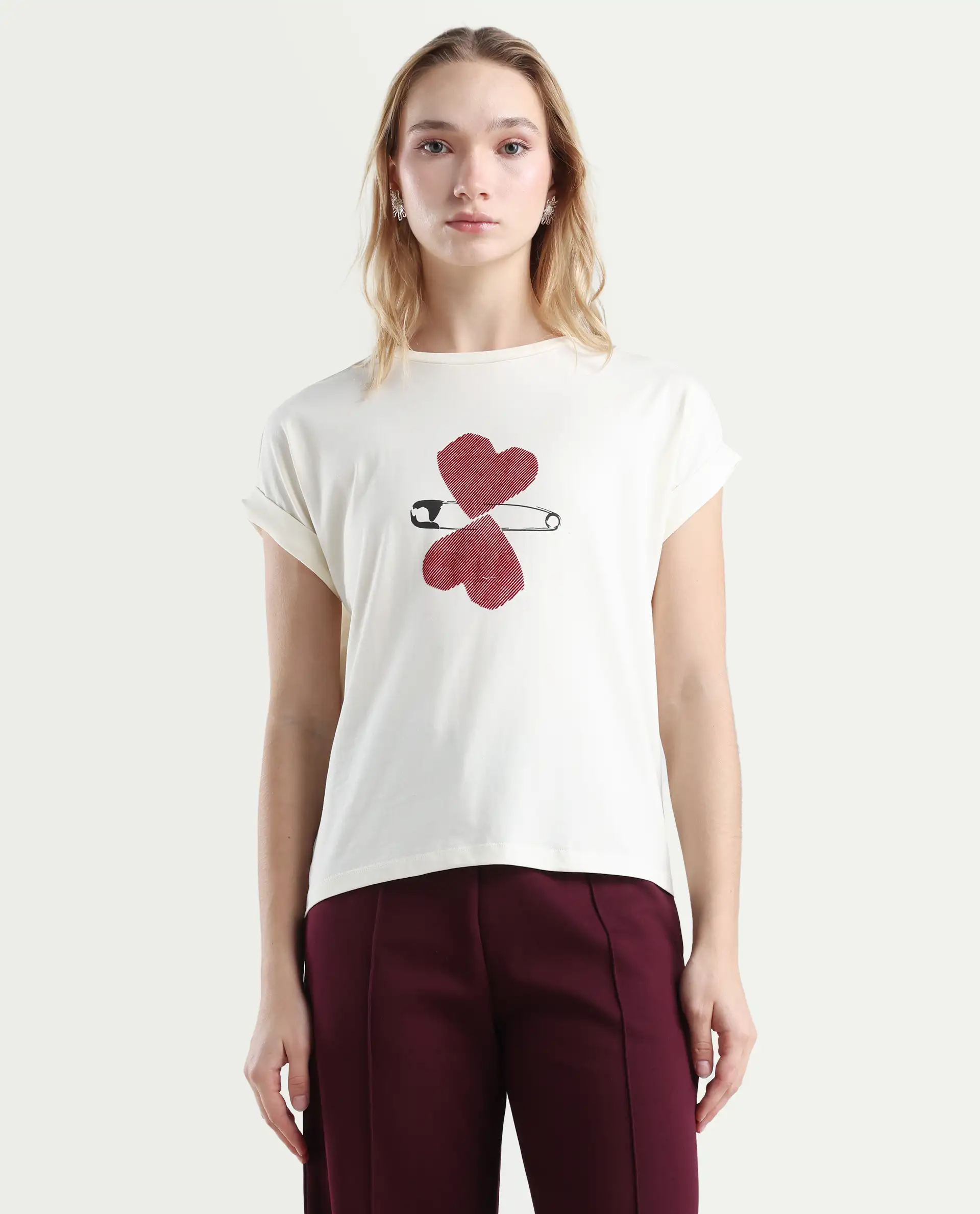 Rareism Women's Reve Off White Cotton Blend Crew Neck Relaxed Fit T-Shirt - Image 3
