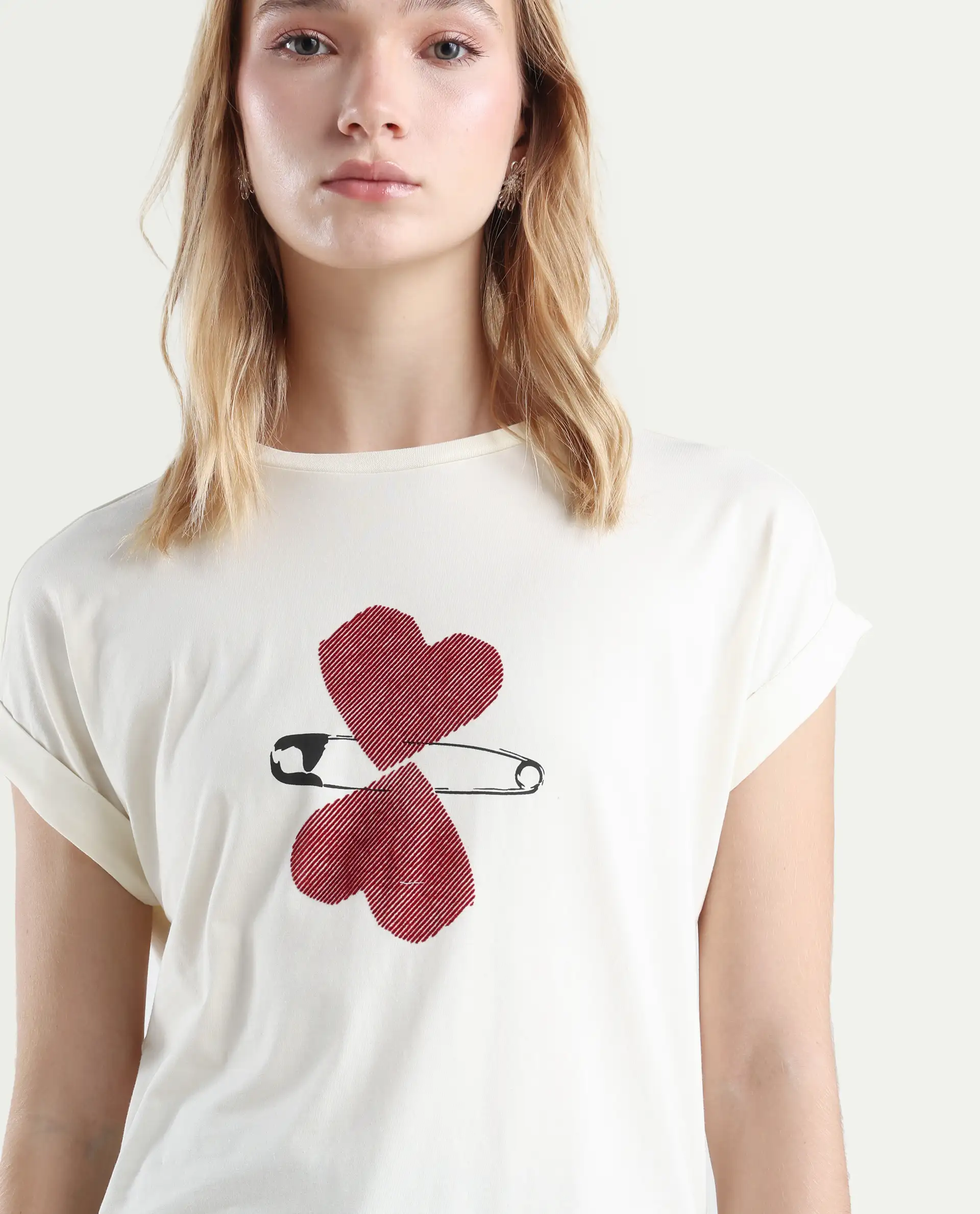 Rareism Women's Reve Off White Cotton Blend Crew Neck Relaxed Fit T-Shirt - Image 4