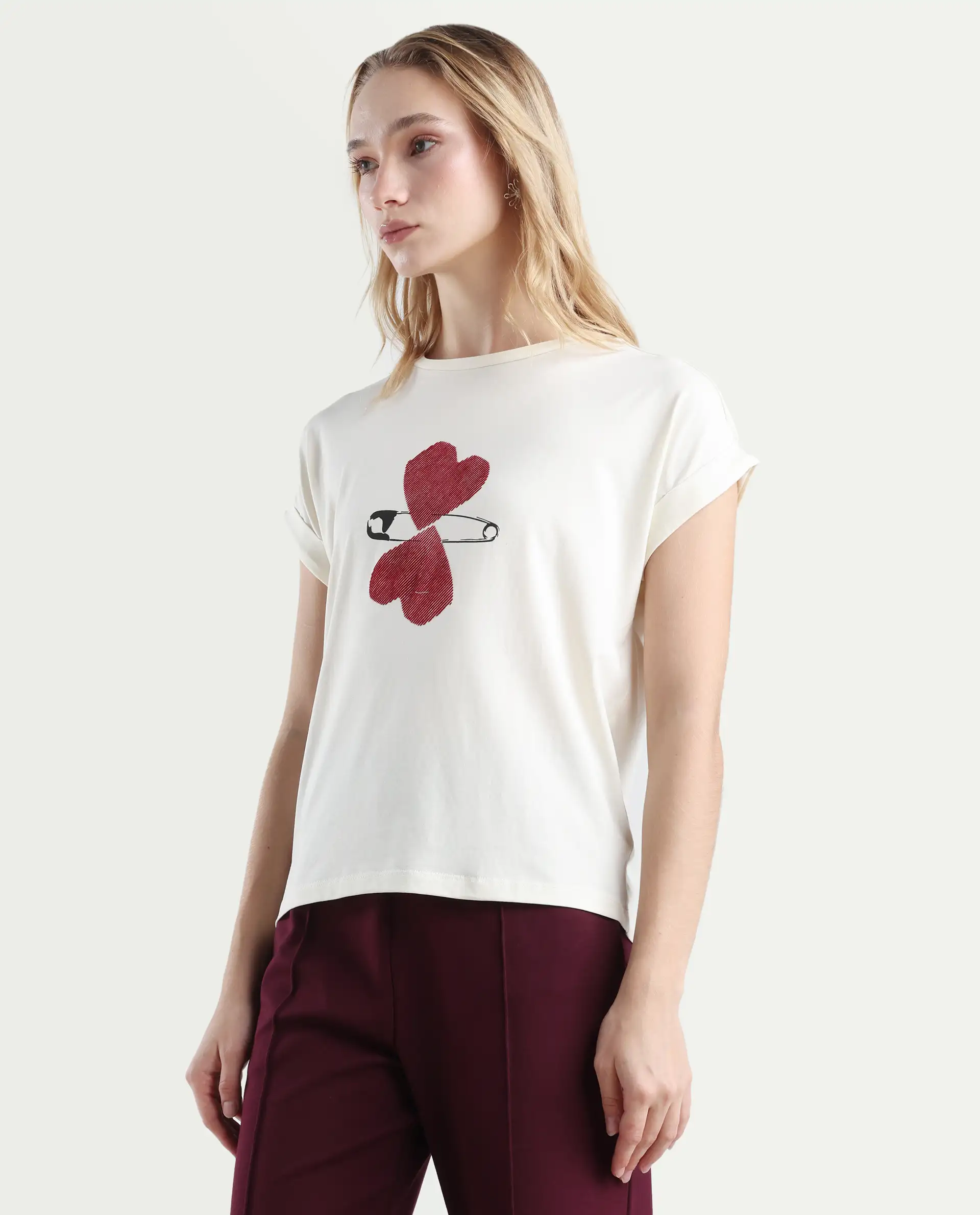 Rareism Women's Reve Off White Cotton Blend Crew Neck Relaxed Fit T-Shirt - Image 5