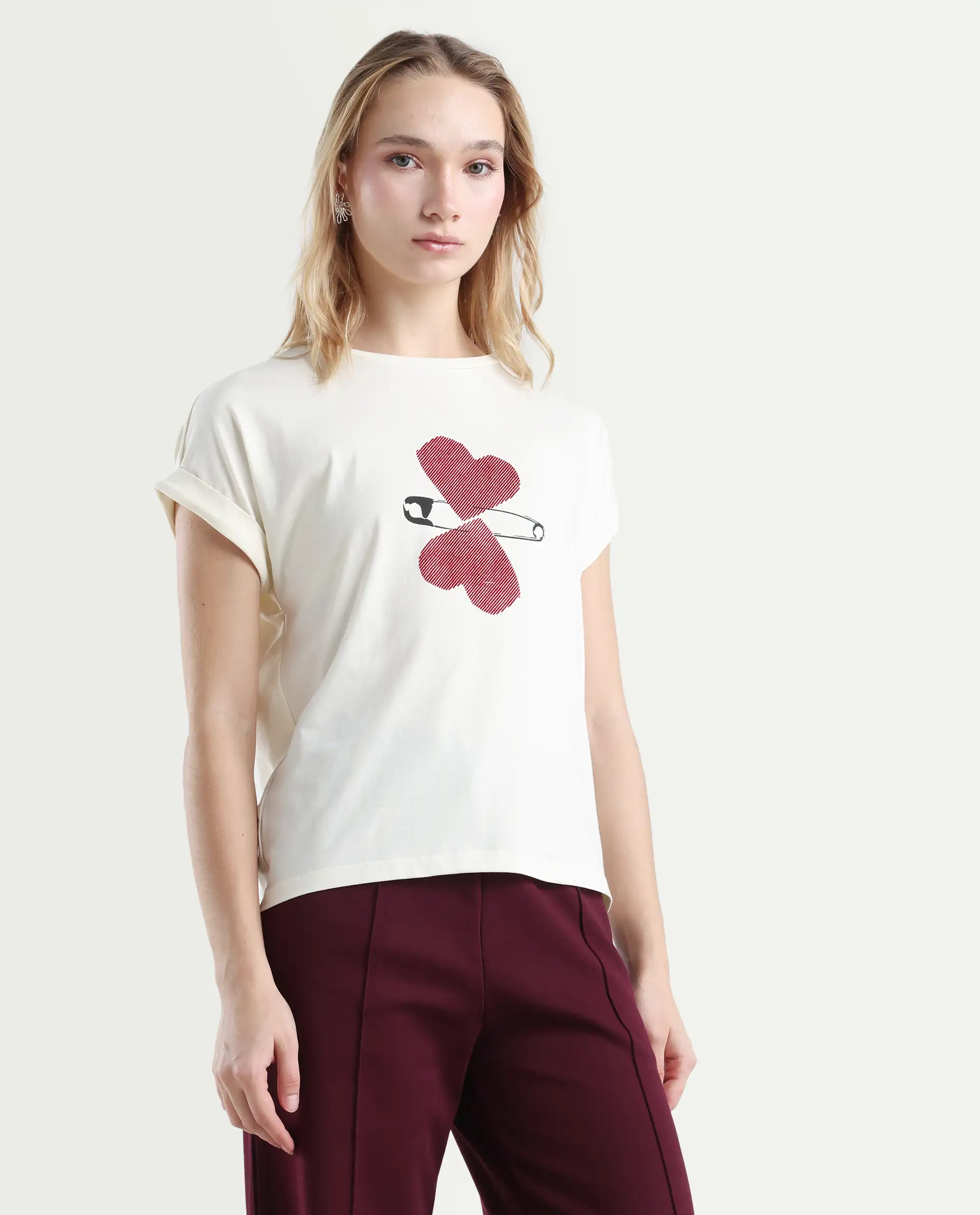 Rareism Women's Reve Off White Cotton Blend Crew Neck Relaxed Fit T-Shirt - Image 6
