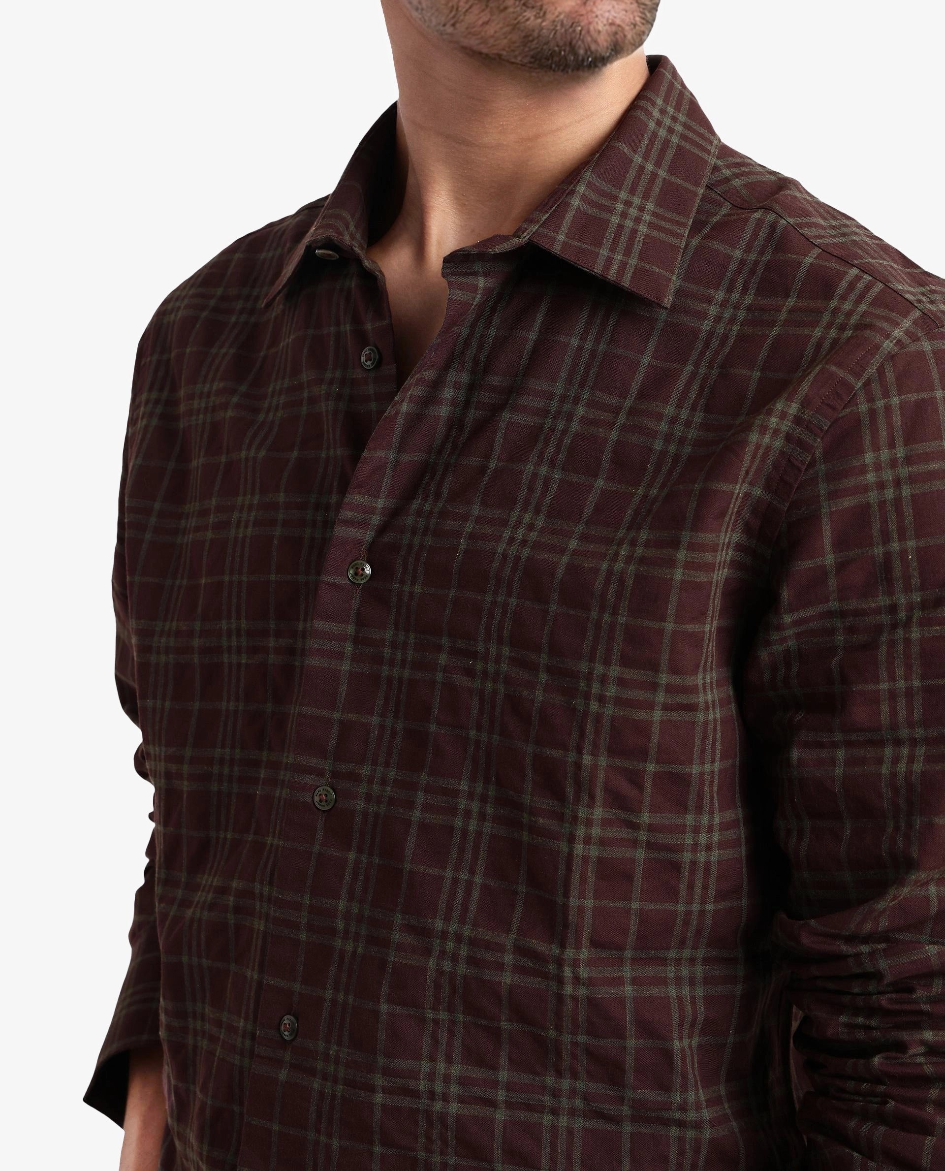 Rare Rabbit Men's Revers Brown Cotton Checked Print Regular Fit Full Sleeve Collared Shirt - Image 3