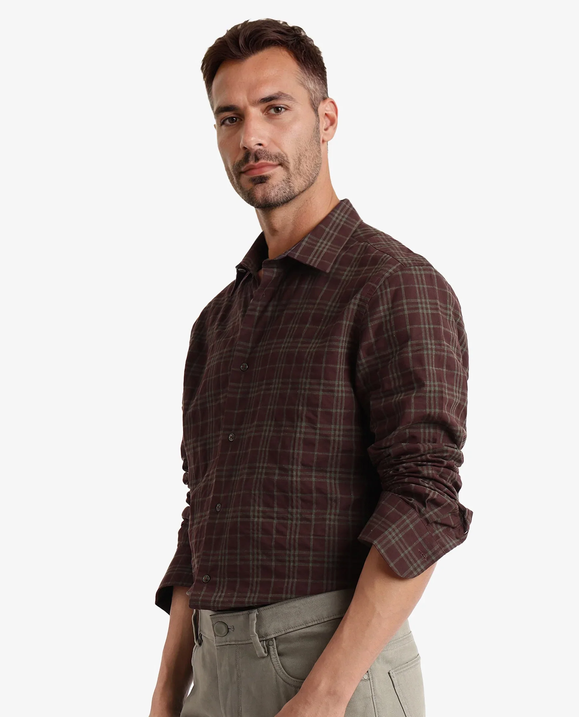 Rare Rabbit Men's Revers Brown Cotton Checked Print Regular Fit Full Sleeve Collared Shirt - Image 8