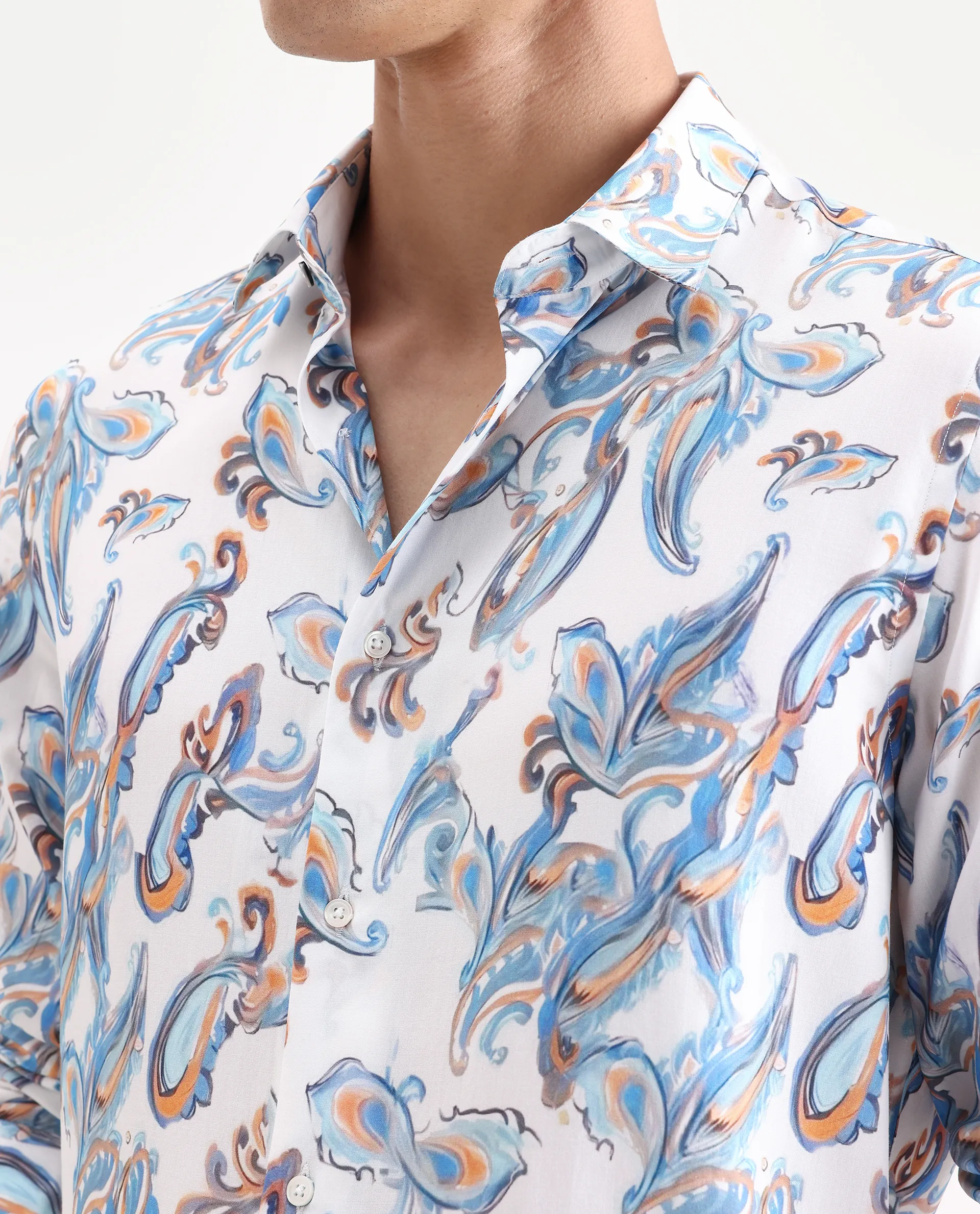 Rare Rabbit Men's Revo White Viscose Blend Fabric Collared Neck Regular Fit Paisley Shirt - Image 3