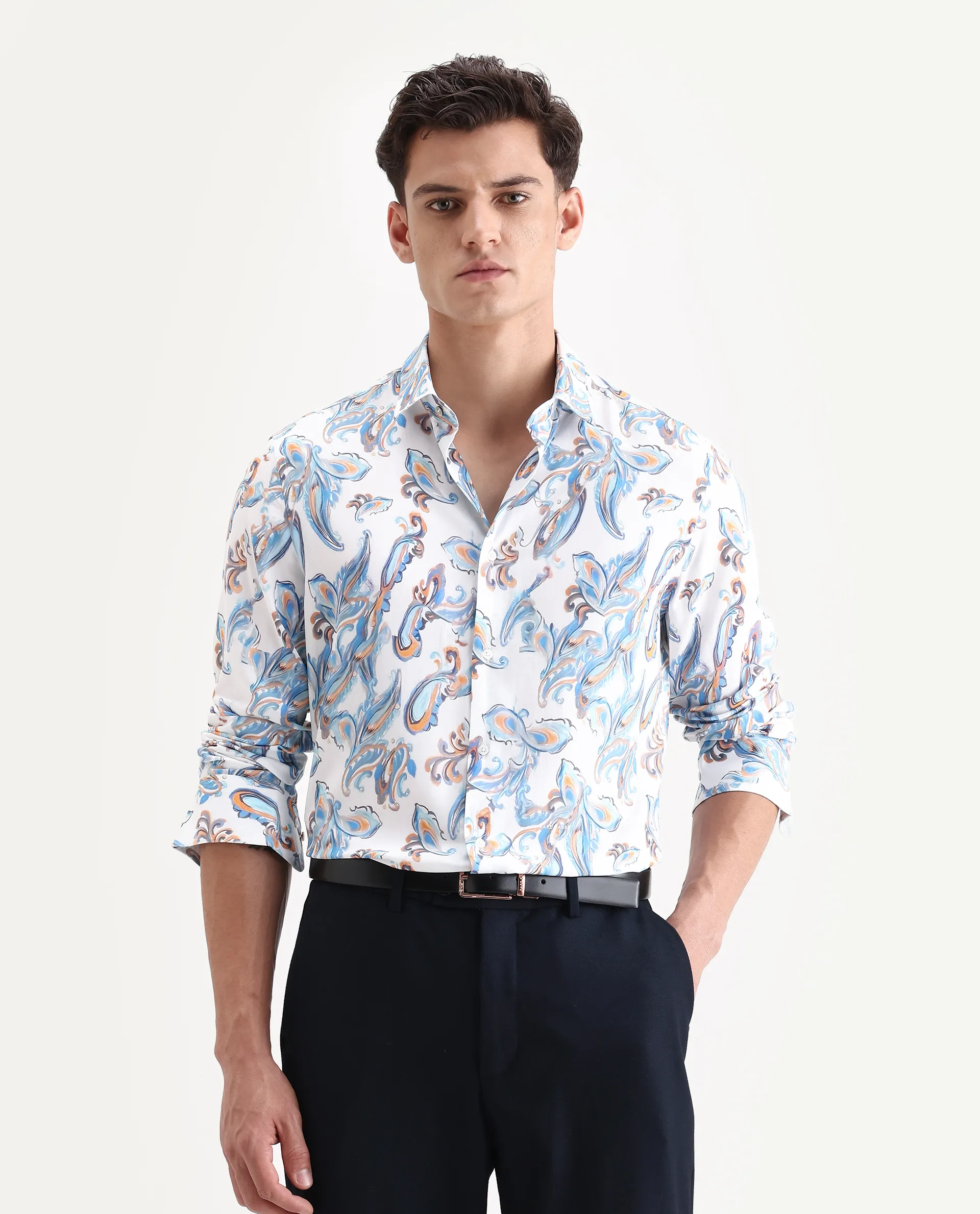 Rare Rabbit Men's Revo White Viscose Blend Fabric Collared Neck Regular Fit Paisley Shirt - Image 4