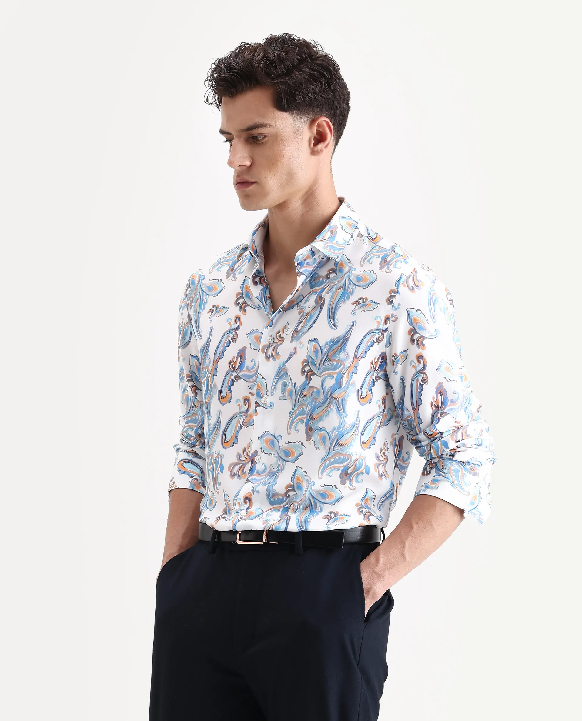 Rare Rabbit Men's Revo White Viscose Blend Fabric Collared Neck Regular Fit Paisley Shirt - Image 5