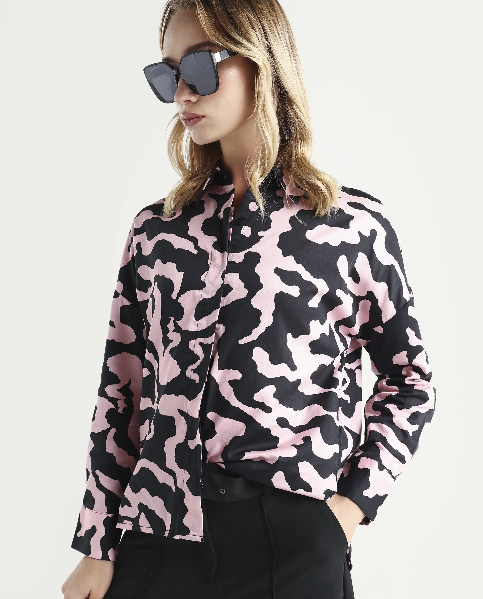 Rareism Women's Revolt Black Cotton Blend Collarless Abstract Print Regular Fit Top