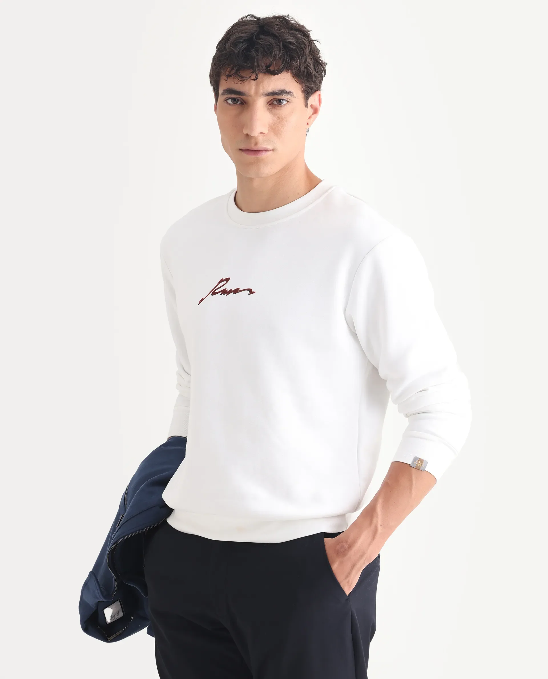 Rare Rabbit Men's Rew-1 White Cotton Graphic Print Regular Fit Full Sleeve Crew Neck Sweatshirt