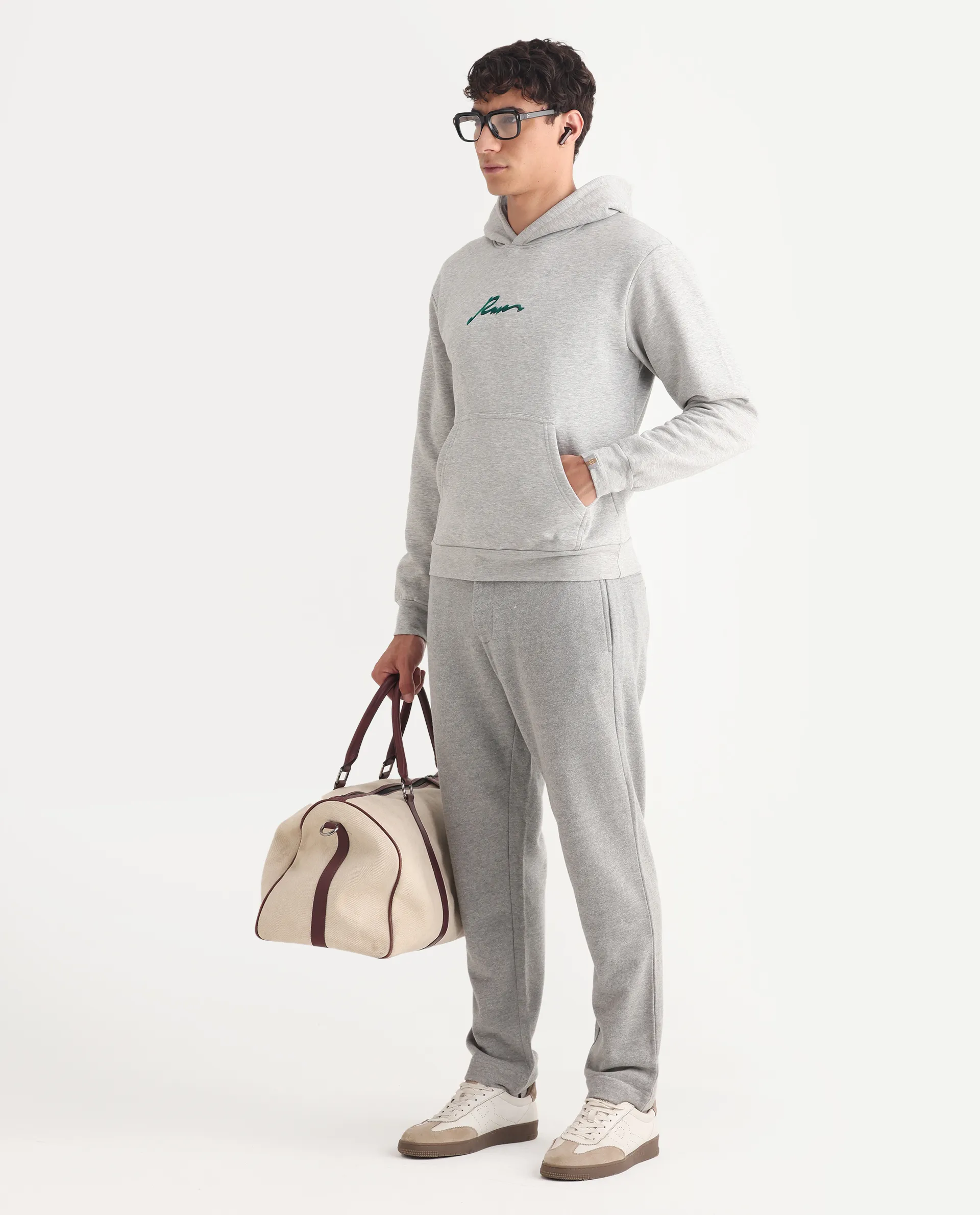Rare Rabbit Men's Rew-2 Melange Grey Cotton Blend Graphic Print Regular Fit Full Sleeve Hooded Sweatshirt - Image 2